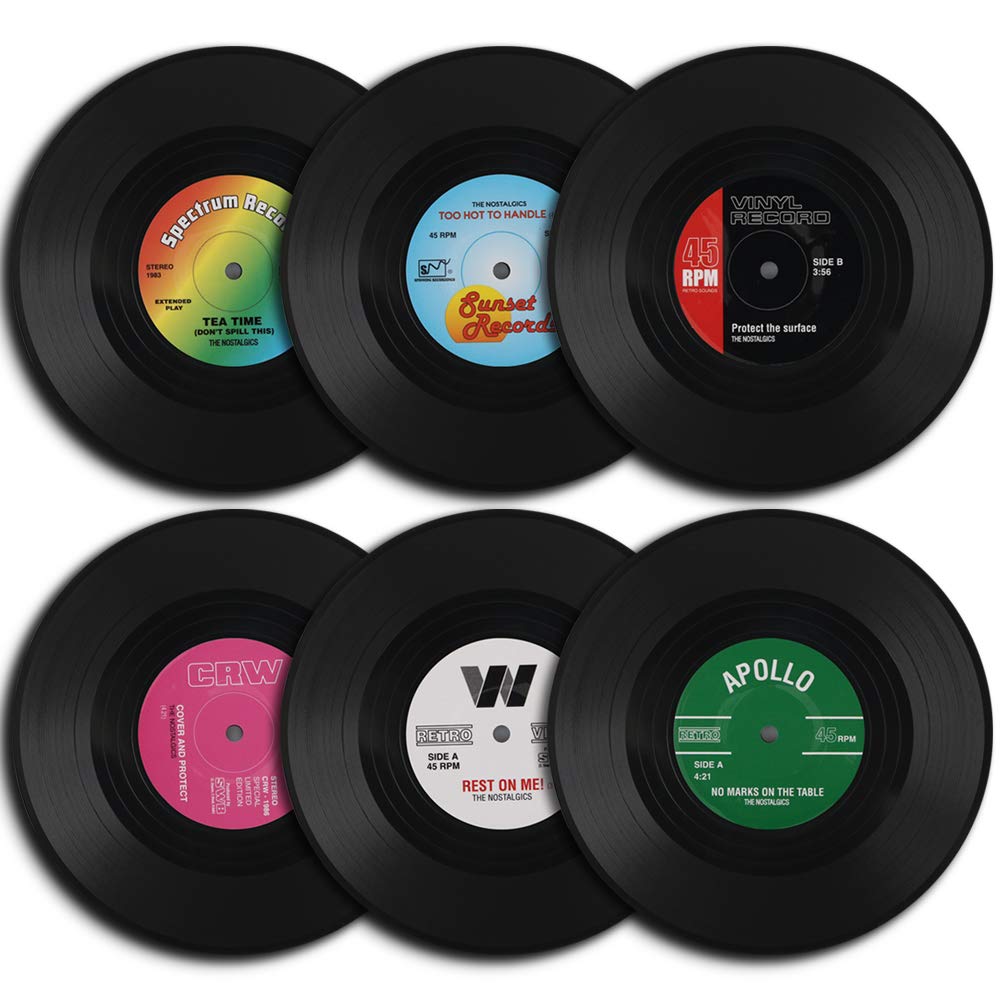 Homedge Vinyl Record Coasters, 6 Pieces Of Retro Style Vinyl Coasters