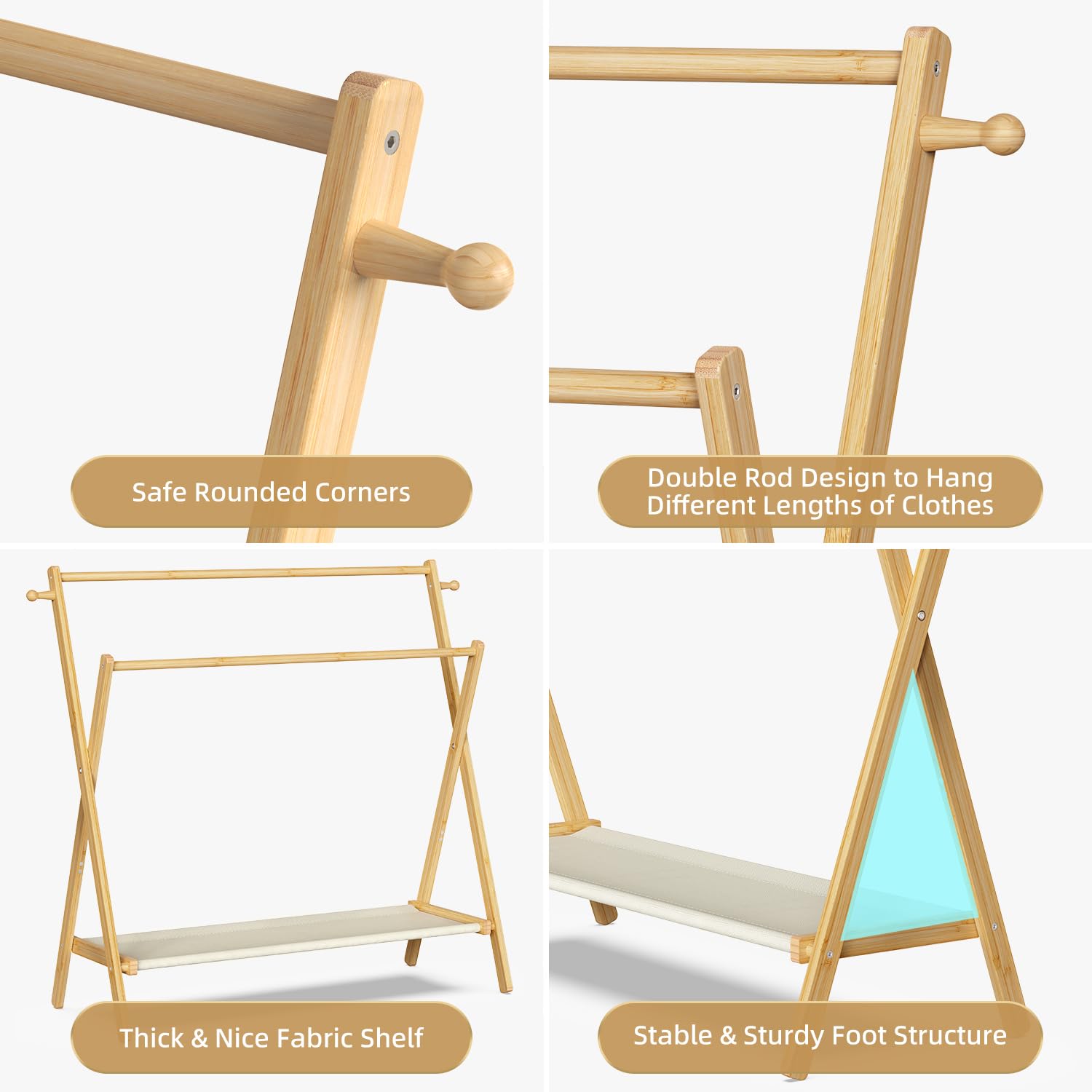 Bamboohomie Kids Clothing Rack, Kids Dress Up Rack With Storage Shelf & Double Rods, Foldable Kids Dress Up Clothes Rack For Tod