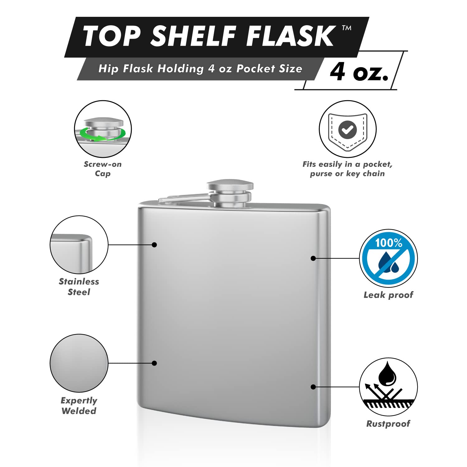 Hip Flask Holding 4 Oz Pocket Size, Stainless Steel, Rustproof, Screw-On Cap - Metallic Grey Finish
