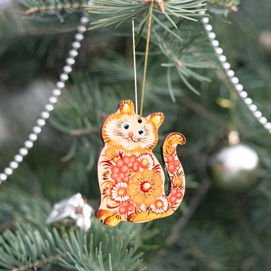 Ukrainian Traditional Hand painted Cat Christmas Tree Ornament Wooden Animal Hanging Decoration 3,3 ? 2,8 ? 0,2 Inch | 7 ? 8,5 ?