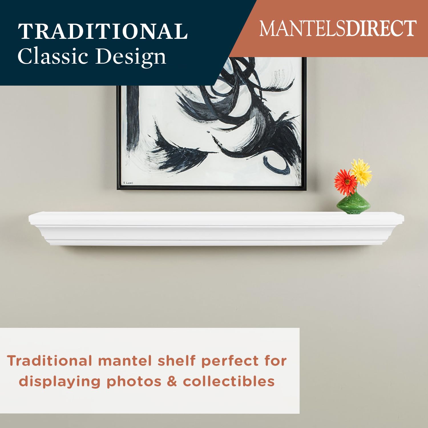 MANTELSDIRECT 60 Inch Floating Fireplace Mantel Wood Shelf in White - Colton from Mantels Direct  Wooden Rustic Wall Shelf Perfect for D?or and Electric Fireplaces