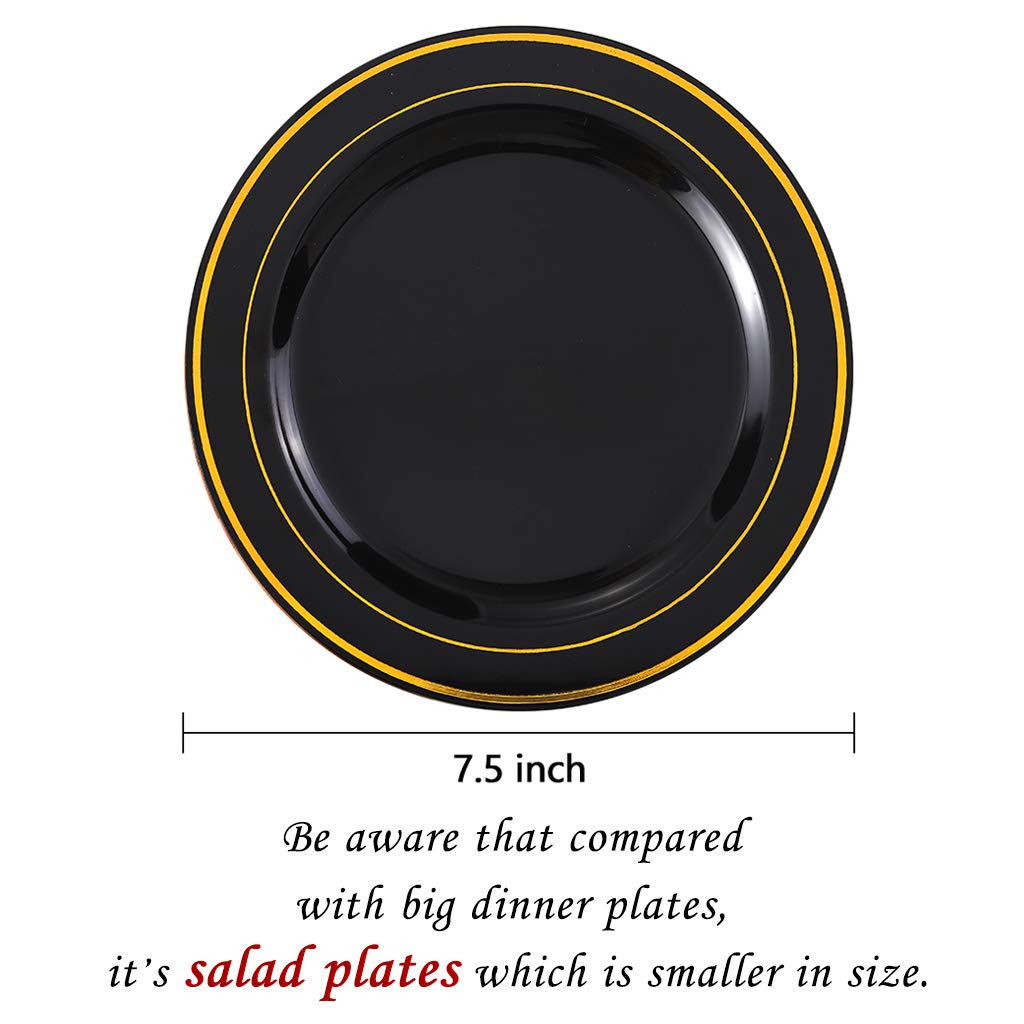 Bucla 100 Pieces Black And Gold Plastic Plates Disposable - 7.5Inch Disposable Salad/Dessert Plates With Gold Rim - Ideal For Ha