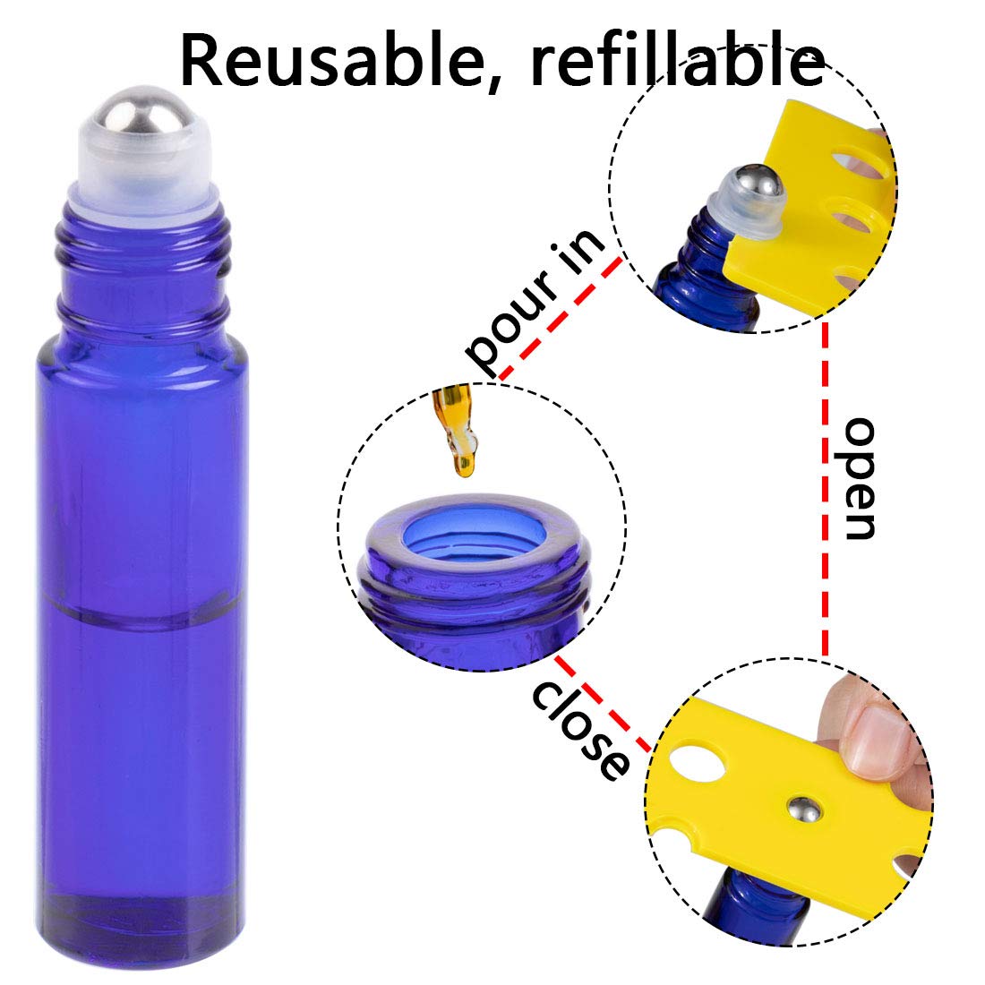 Zizemoja 6Pcs 10Ml Essential Oil Roller Bottles, With Stainless Steel Roller Balls, 10Ml Blue Glass Roll On Bottles For Essentia