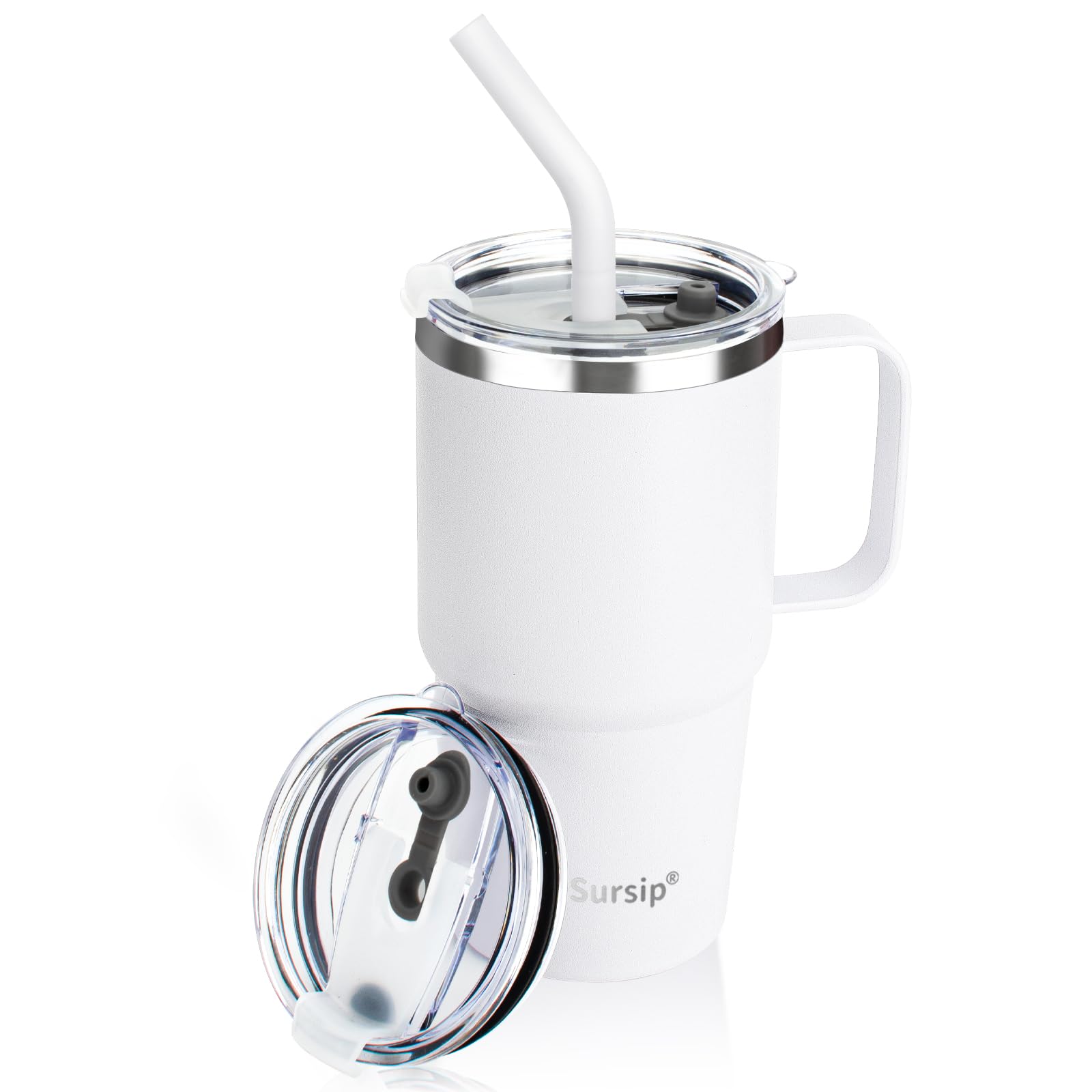 Sursip 24 Oz Insulated Cup With Handle, Double Wall Vacuum Stainless Steel Tumbler With Straw And 2 Lids, For Cold/Hot Drinks, C