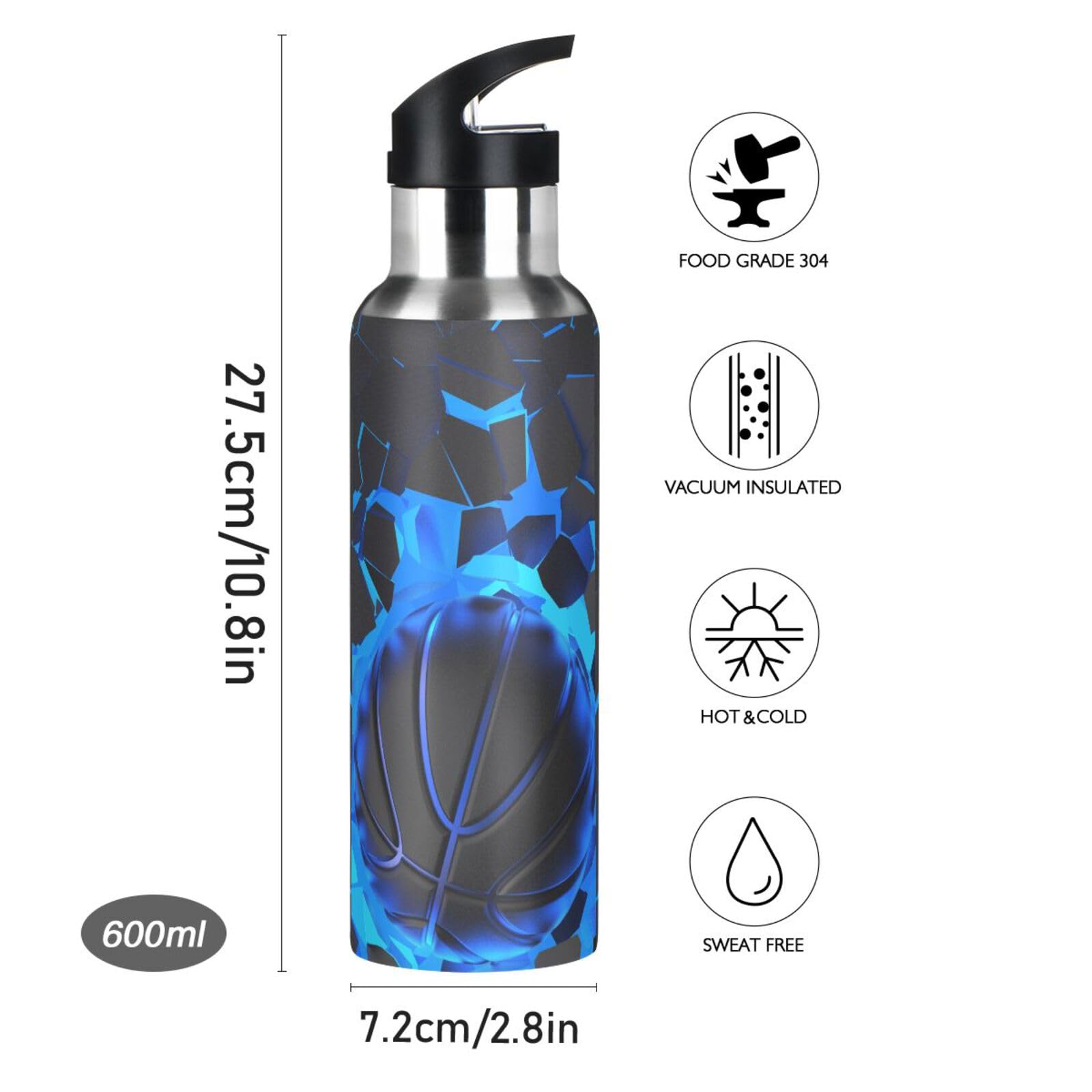 3D Basketball Blue Lighting Water Bottle Kids Boys Girls Insulated Stainless Steel Hot Cold Water Flask with Straw Lid for Sport