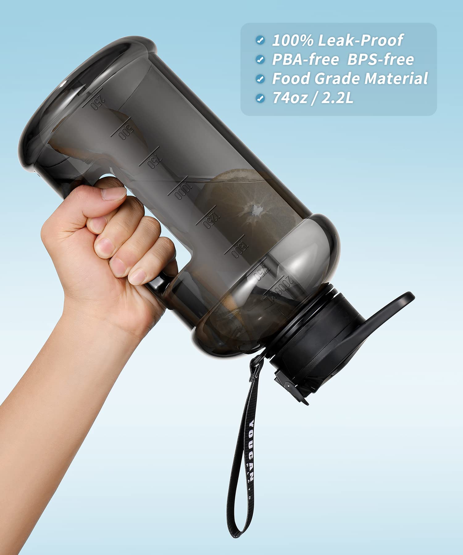 YOUCAN PLATO 64 oz Half Gallon Water Bottle with Sleeve-Large Big Gym Water Bottle with Straw- Gallon Water Jug with Handle and Bottle Brush-BPA Free-2 Liter workout bottle  Army Green