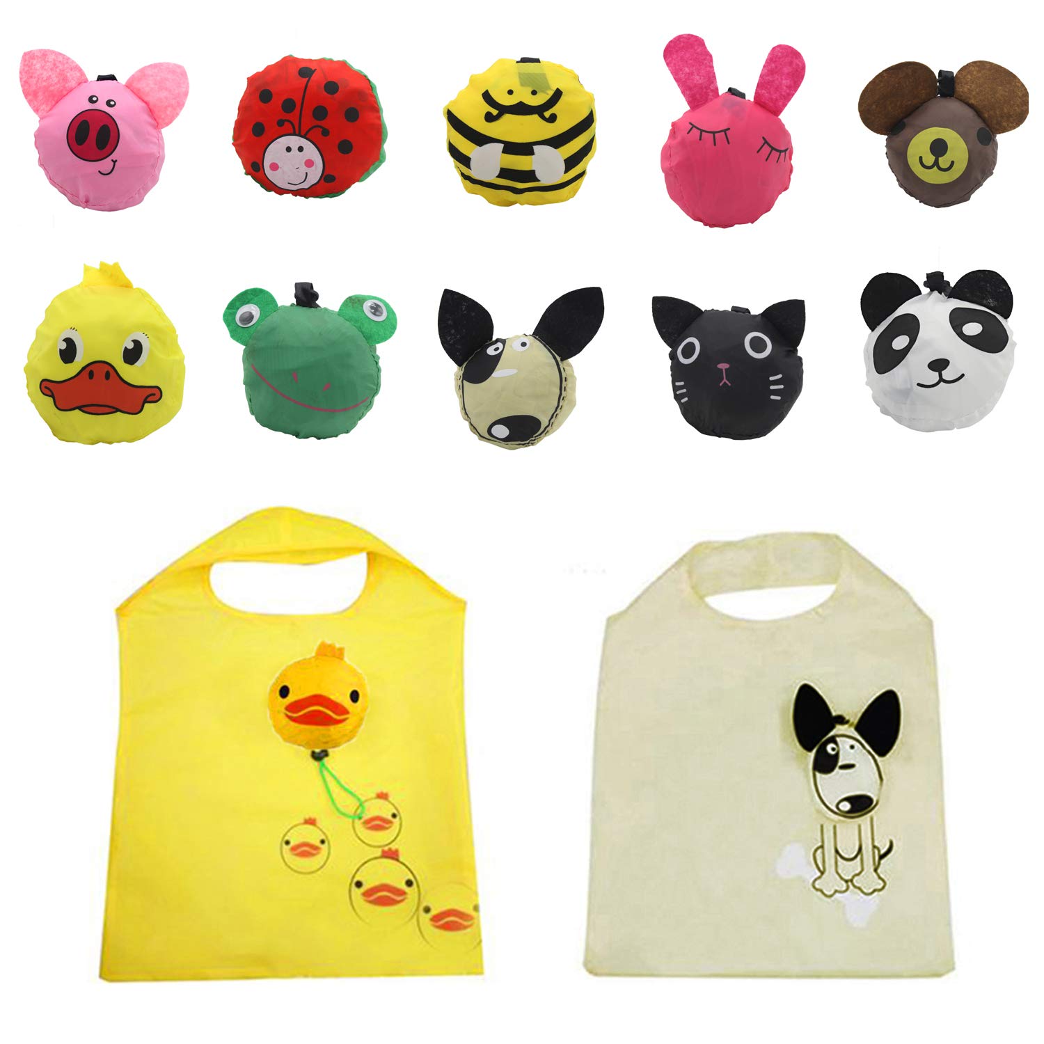 Yuyikes 10Pcs Folding Shopping Bags Reusable Shopping Tote Bags Compact Eco Periodic Duty Recycling Use Shopping Bags (Animals)