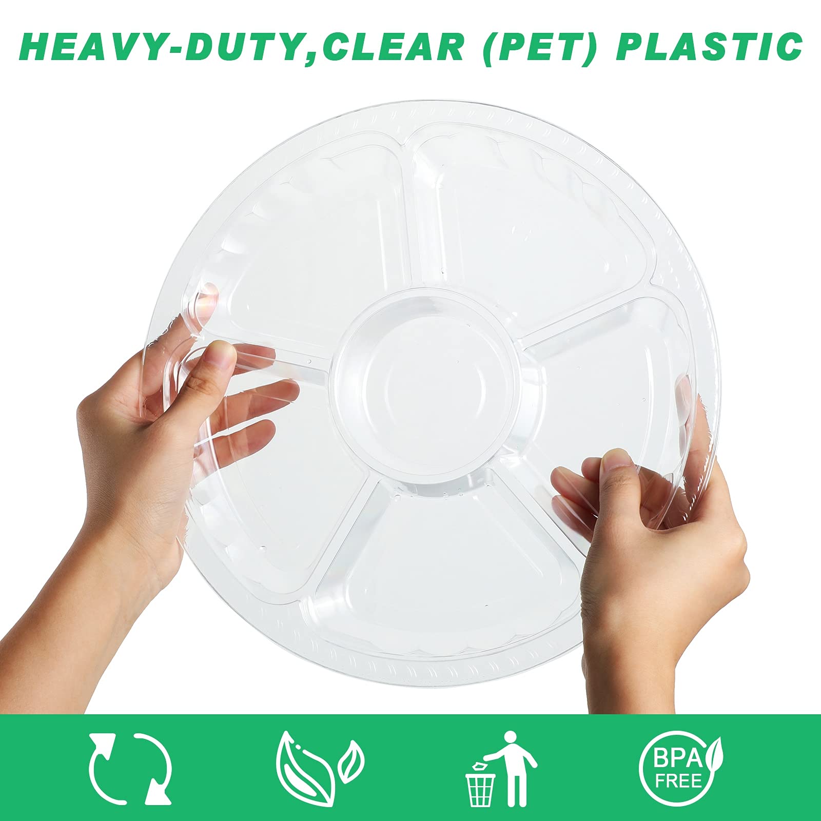 Patelai 10 Pcs Clear Plastic Veggie Tray Set, 6 Compartment Appetizer Serving Platters, Round Disposable Food Trays, Model LM-Patelai-16776