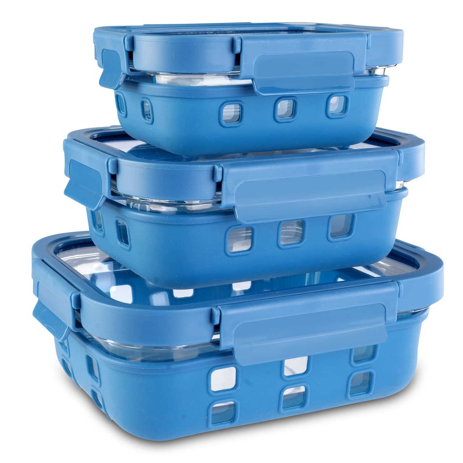 AGARO Imperial Borosilicate Glass Containers with Silicone Sleeves & with Lock Lid, 3 pcs Set, 370ml, 640ml, 1050ml, Kitchen, Mi