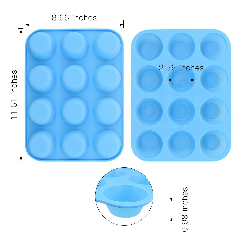 Homedge 12-Cup Silicone Muffin Pan, Pack Of 2 Non-Stick Muffin Molds, Baking Pan For Cupcake, Tarts, Egg Bites-Blue