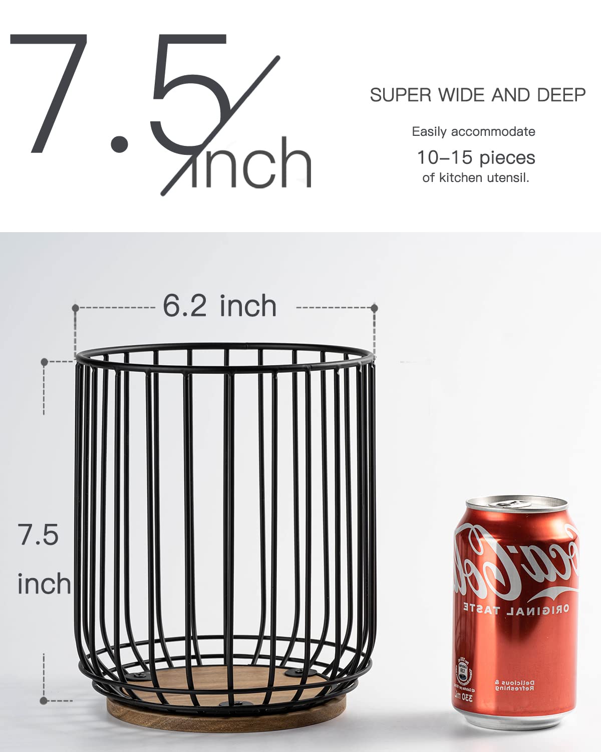 Getstar Kitchen Utensil Holder, Large Wire Utensil Holder For Kitchen Counter (W6.2    X H7.5   ) With Acacia Base