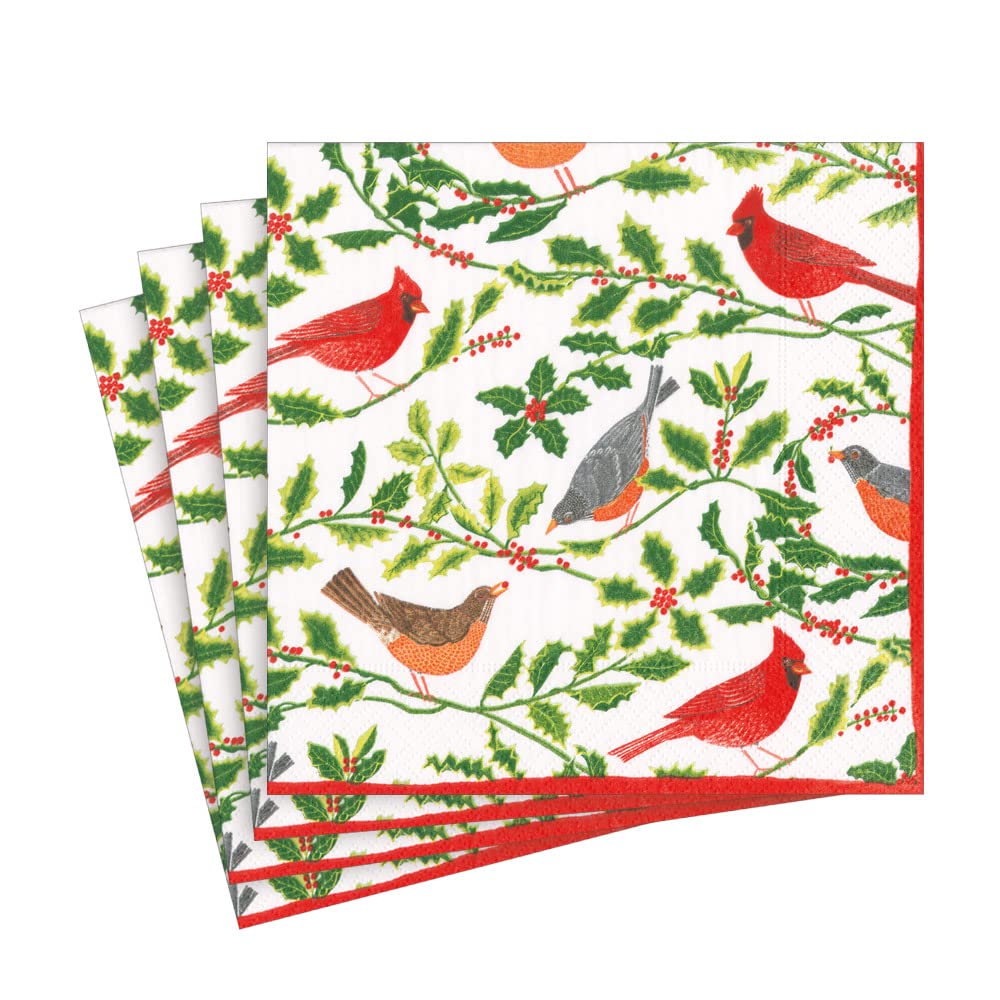 Songbirds And Holly Paper Luncheon Napkins In White - 20 Per Package