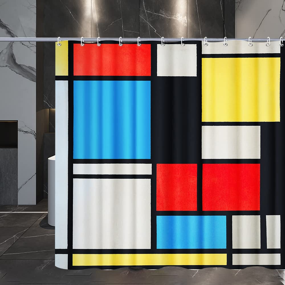 INVIN ART Bathroom Shower Curtain Set with Hooks Composition in Blue  red and Yellow by Piet Cornelies Mondrian Home Art Paintings Pictures for Bathroom