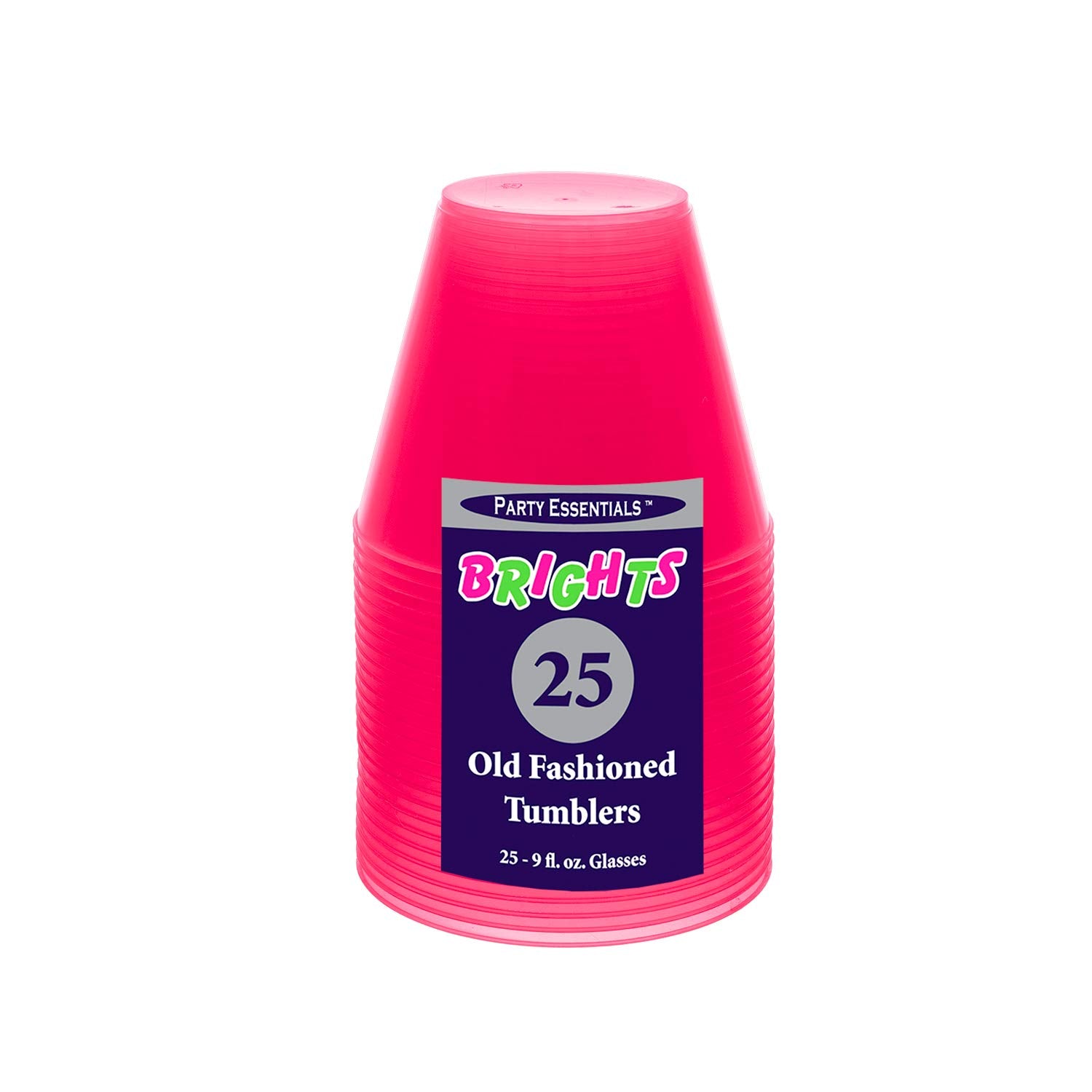 Party Essentials Hard Plastic 9-Ounce Party Cups And Old Fashioned Tumblers, Neon Pink, 25-Count