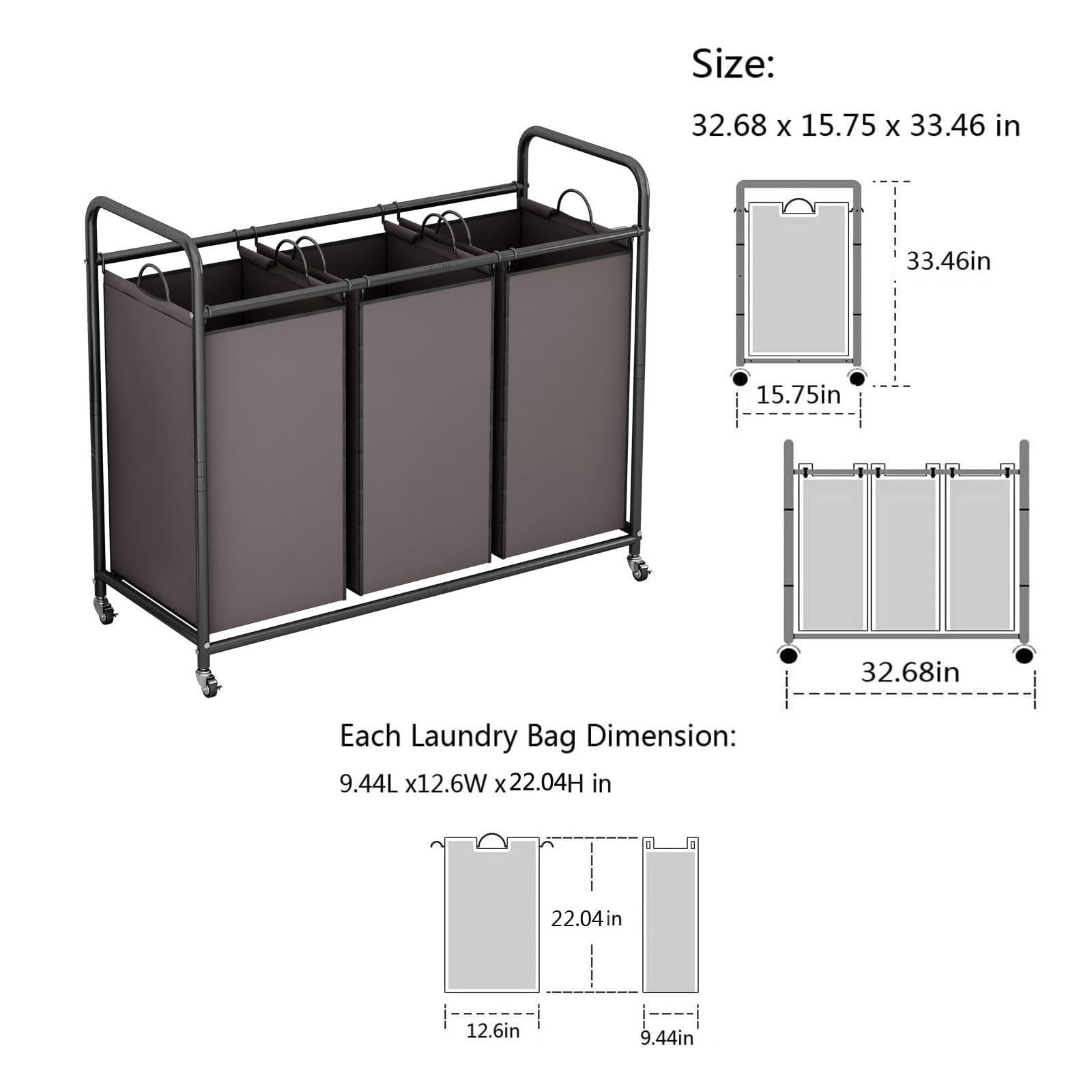 Linzinar 3-Bag Laundry Sorter,Laundry Hamper Cart With Heavy Duty Rolling Lockable Wheels And Removable Bags (Brown)