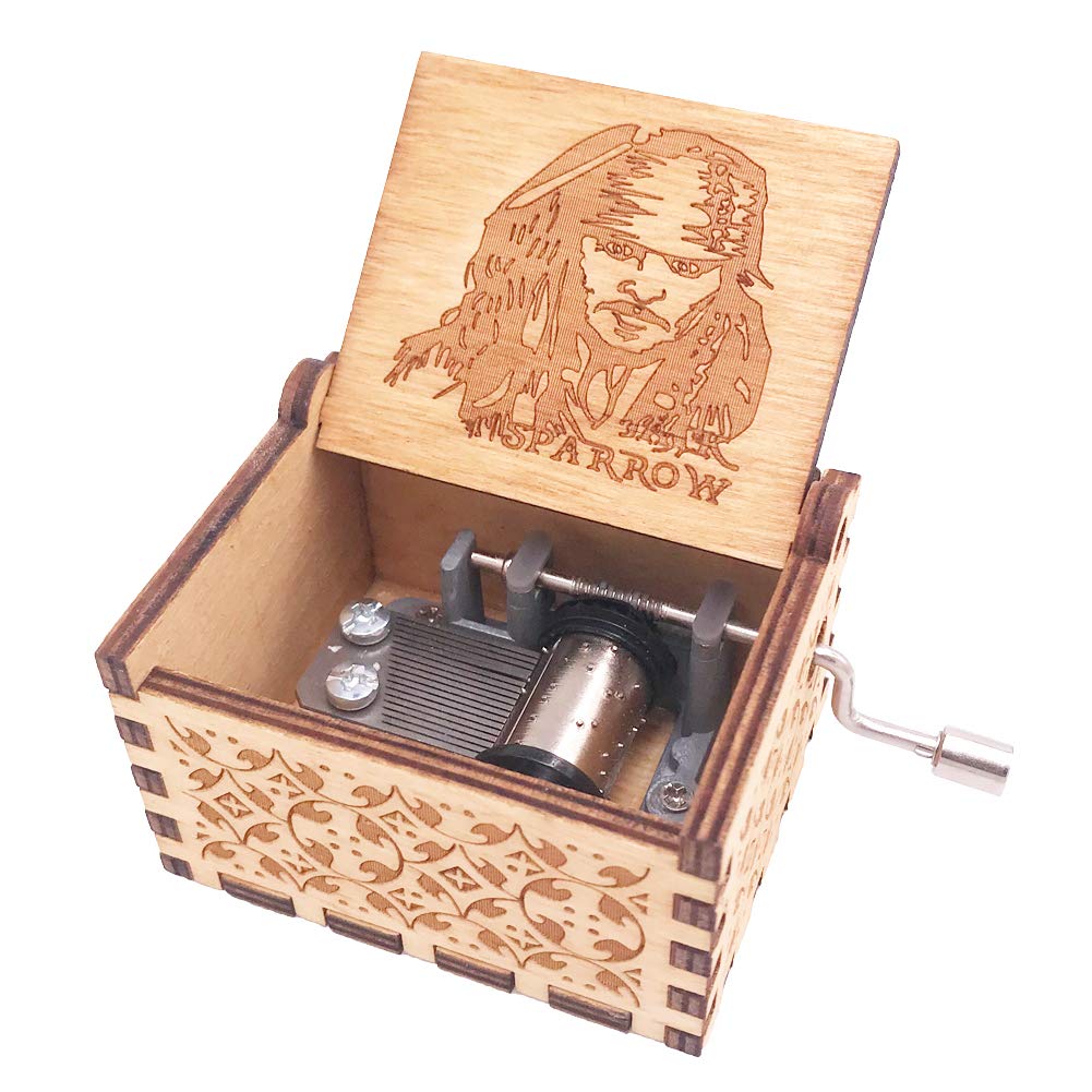 Jack Sparrow Music Box Hand Crank Musical Box Carved Wooden,Play Davy Jones Theme,Brown