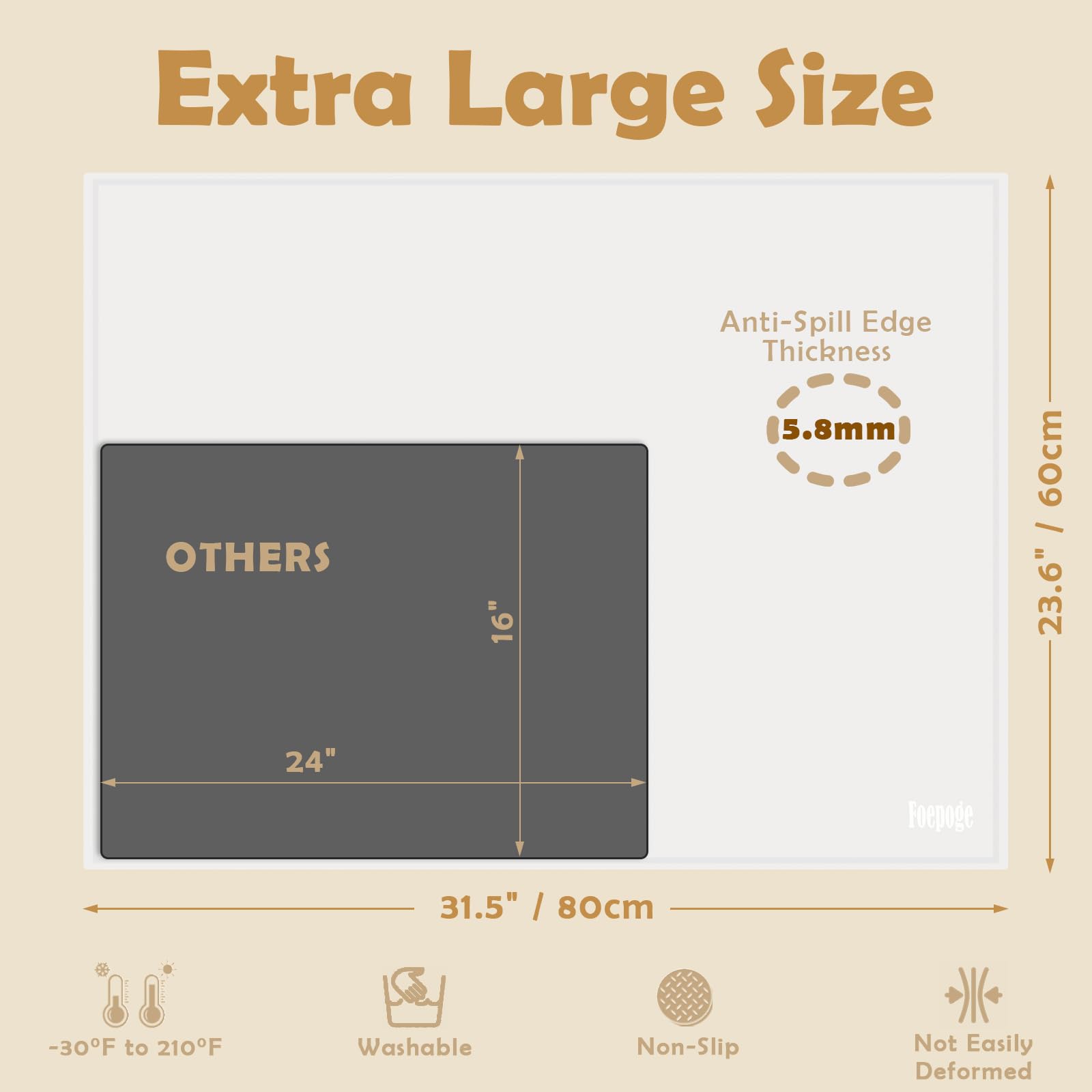 31.5 X 23.6 X 0.06 Inches Extra Thick Silicone Mat With Lip 0.22'' Raised Edge For Resin, Large Silicon Mat For Kitchen Counter