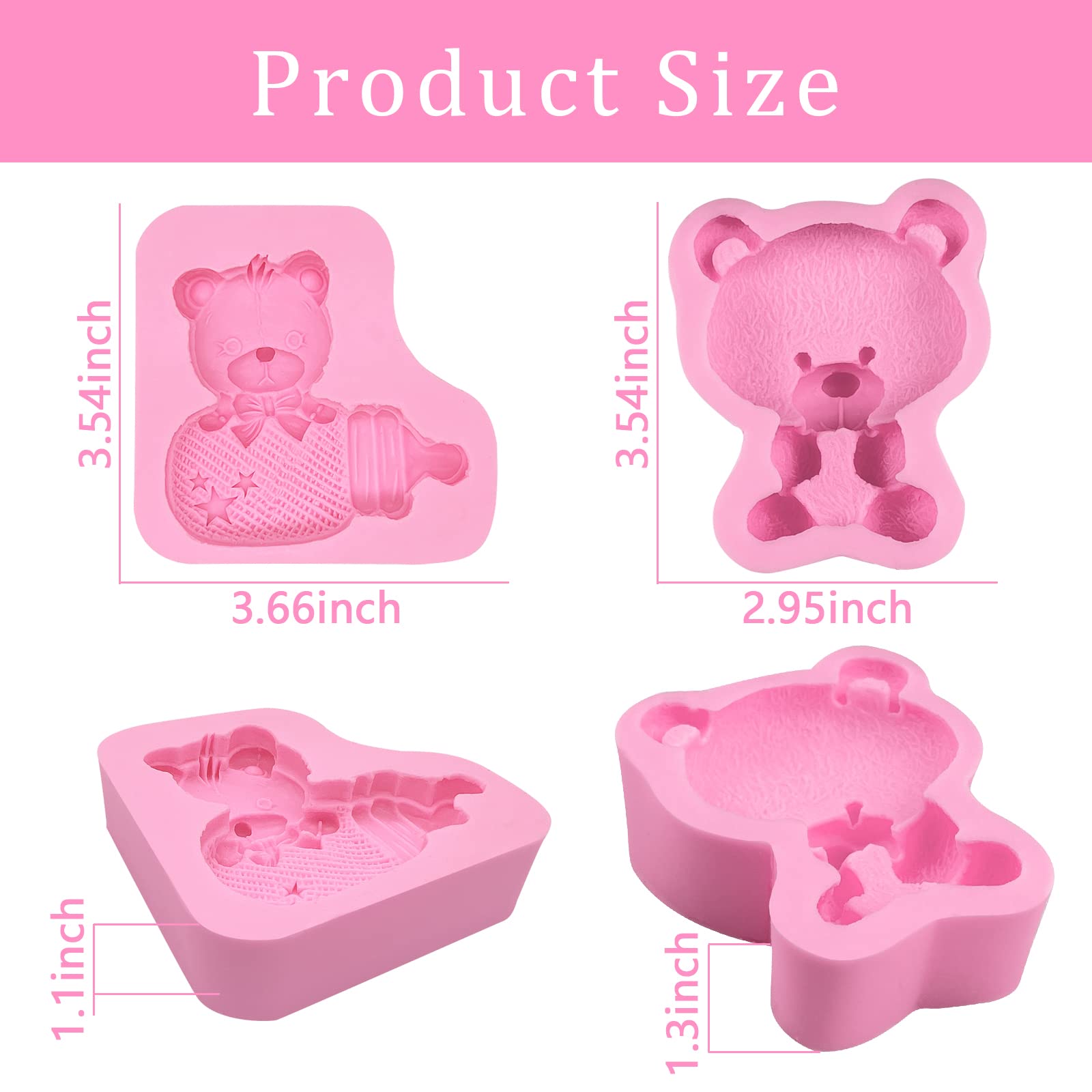Ikojing Large Luxury Teddy Bear Fondant Silicone Molds, 4-Pack Baby Shower Party Cake Decorating Molds, Diy Chocolate Candy Baki