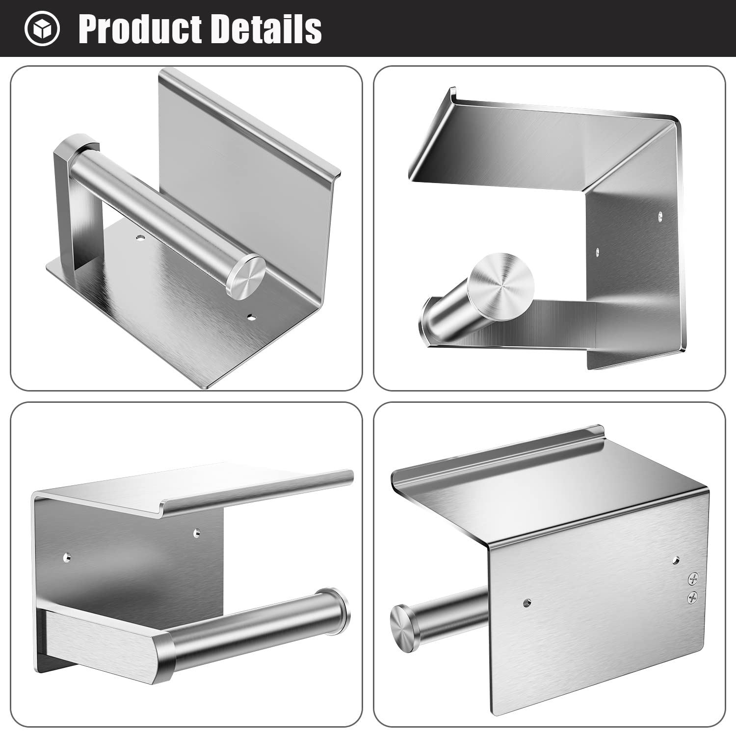 Tindbea Toilet Paper Holder with Phone Shelf + Towel Robe Hooks  Adhesive or Screw Wall Mounted Toilet Paper Roll Storage  Stainless Steel Bathroom Tissue Roll Holder (Brushed Nickel)