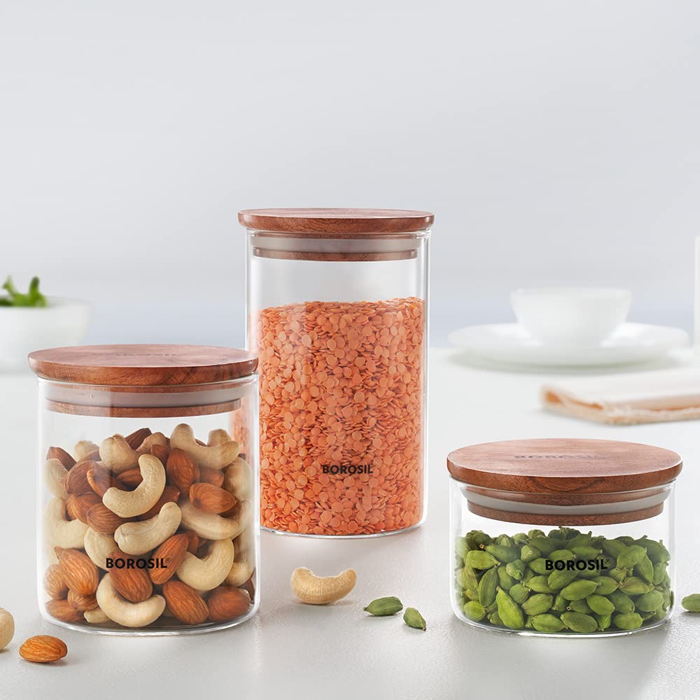 Borosil 3Pc Classic Jar Set (300Ml + 600Ml + 900Ml) With Stainless Steel Lid | Borosilicate Glass Storage Organiser | Microwave 