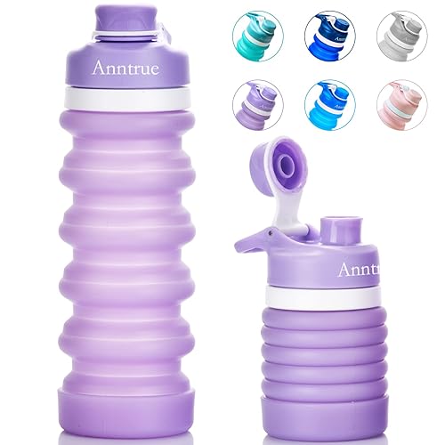 Anntrue Collapsible Silicone Water Bottle 18oz  Food-Grade  Leak Proof  Foldable Travel Water Bottle(Lilac)