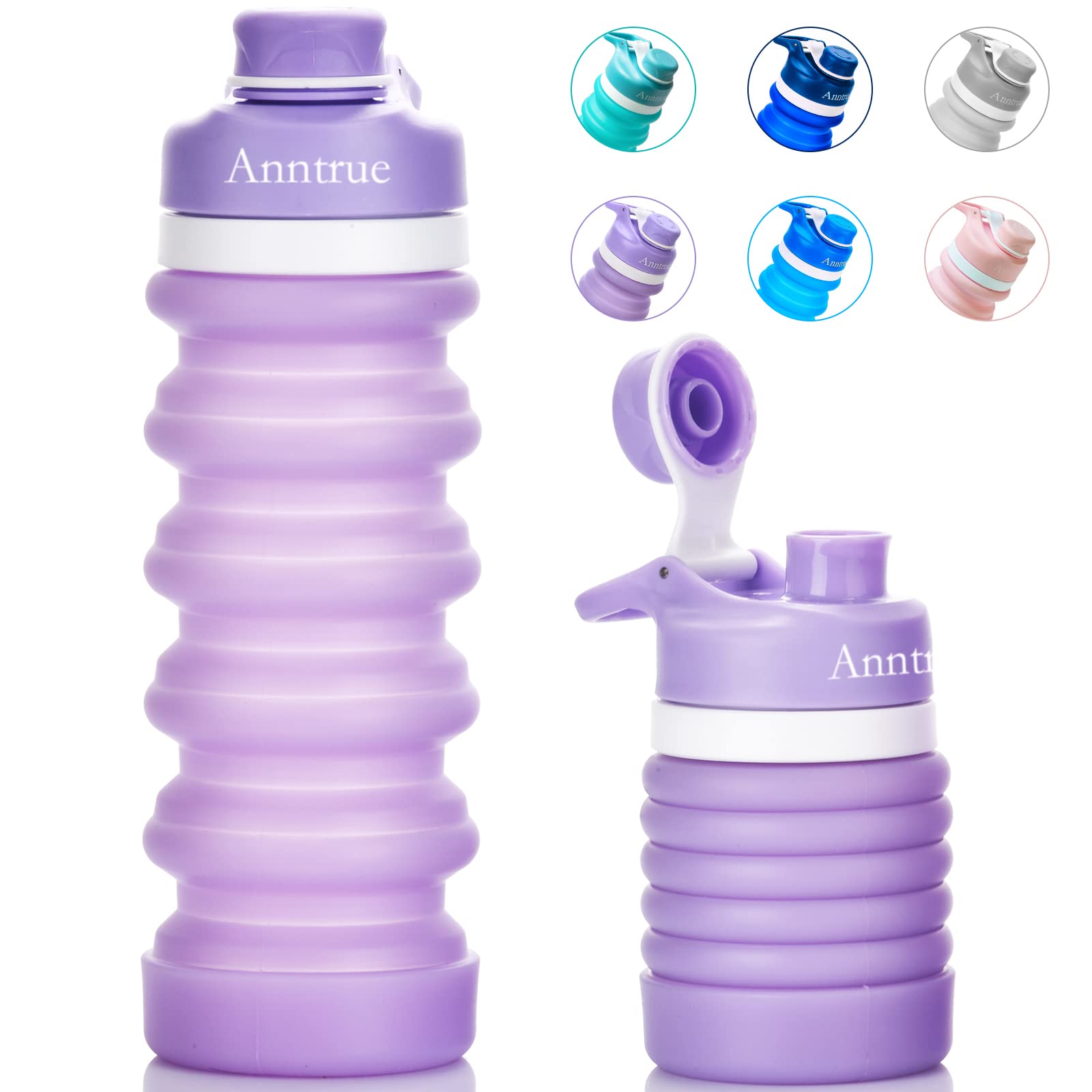 Anntrue Collapsible Silicone Water Bottle 18Oz, Food-Grade, Leak Proof, Foldable Travel Water Bottle(Lilac)