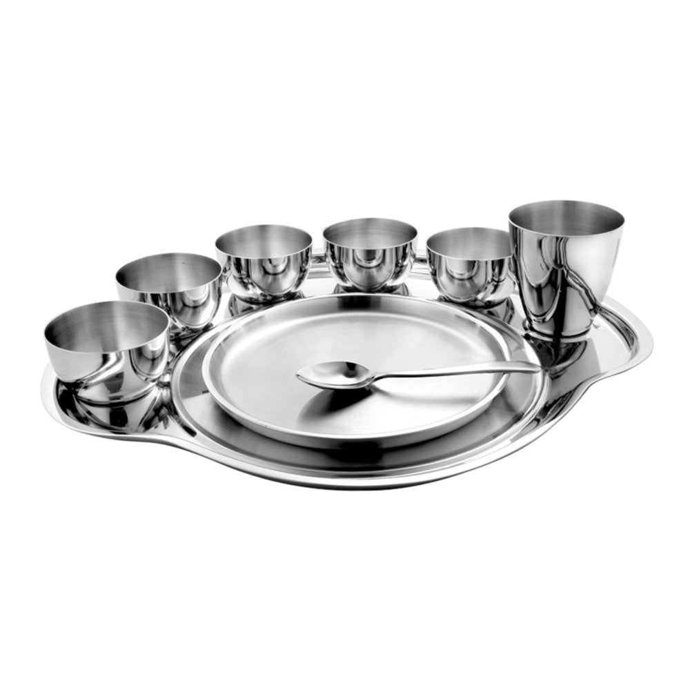 Prabha Stainless Steel Dinner Set Of 9 Pcs | Shagun Rajwada Silver Thali Set For Serving |Bhojan Thal Kitchen Dinnerware Set Ide