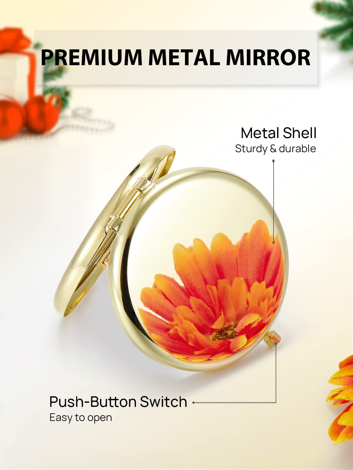 Getinbulk Compact Mirror For Purse, Double-Sided 1X/2X Magnifying Metal Pocket Makeup Mirrors(Round,Gold)