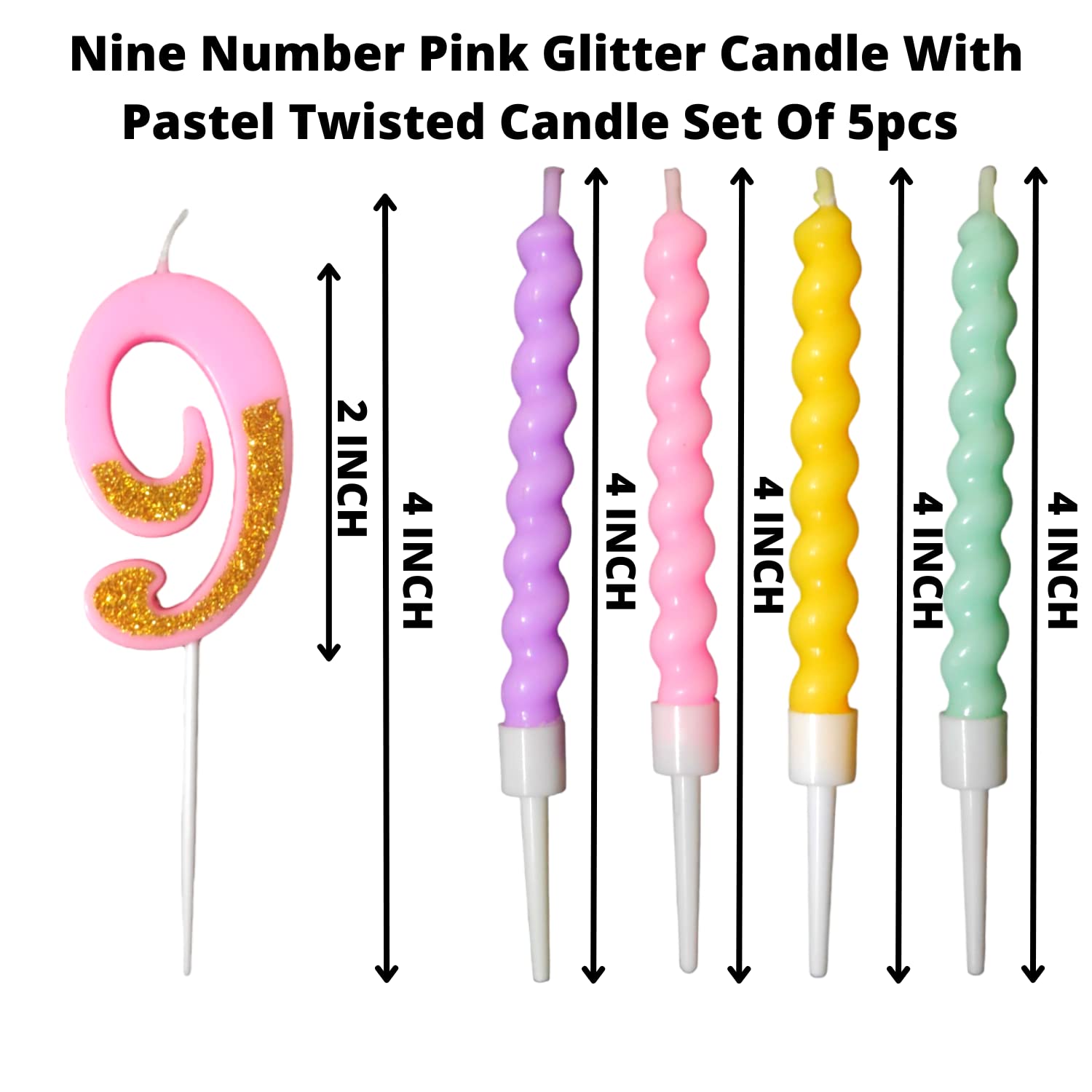 Party Decorz Number 9 Candle | Nine Number Candle | Nine Number Pink Glitter Candle with Pastel Twisted Candle Set of 5pcs for B