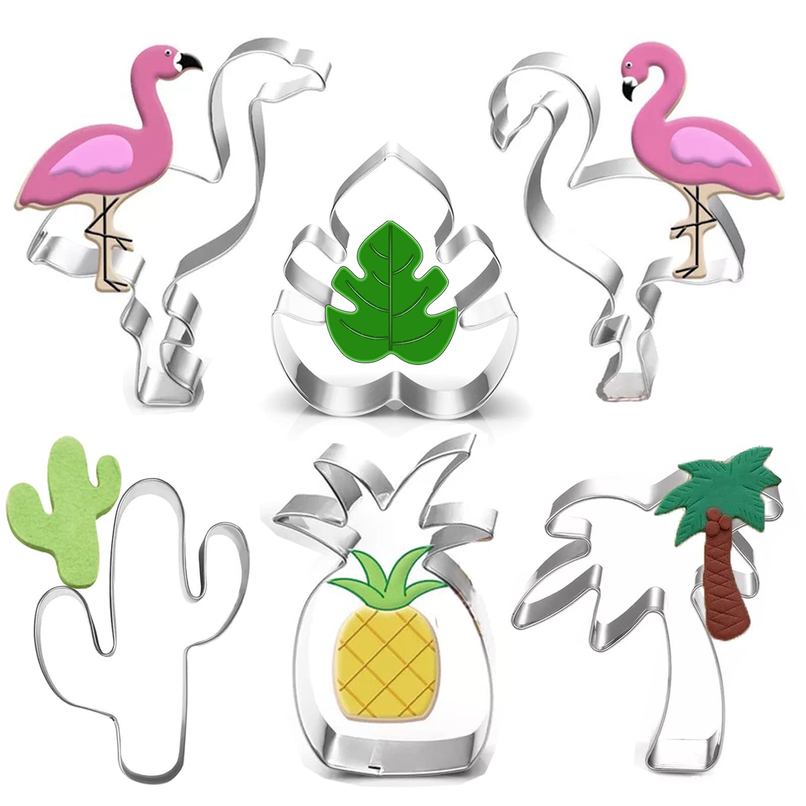 Hawaiian Cookie Cutter Set-6 Piece-Cactus, Pineapple, Flamingo, Monstera Leaf And Palm Tree-Tropical Cookie Cutters Molds For Su