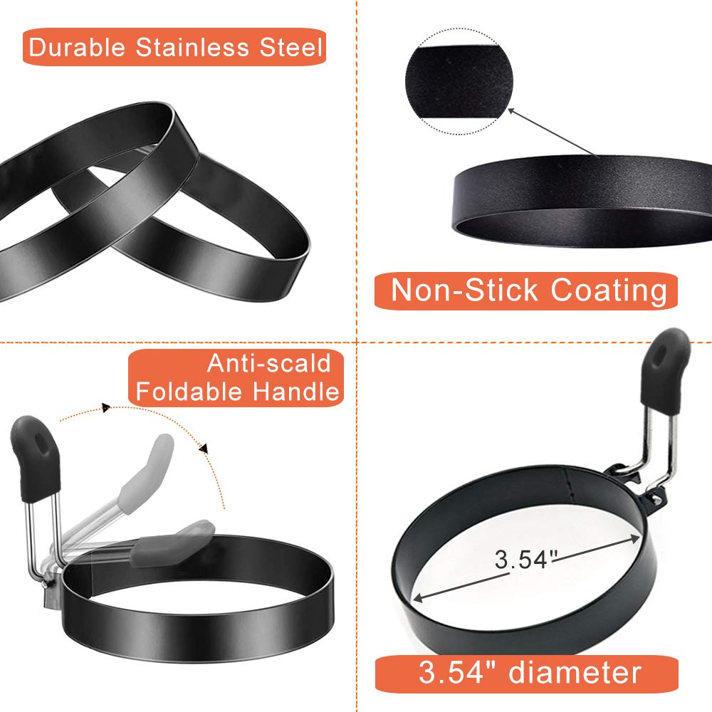 Cotey 3.5'' Egg Rings Set Of 2 With Silicone Handle, Large Ring For Frying Eggs, Round Mold For English Muffins - Griddle Cookin