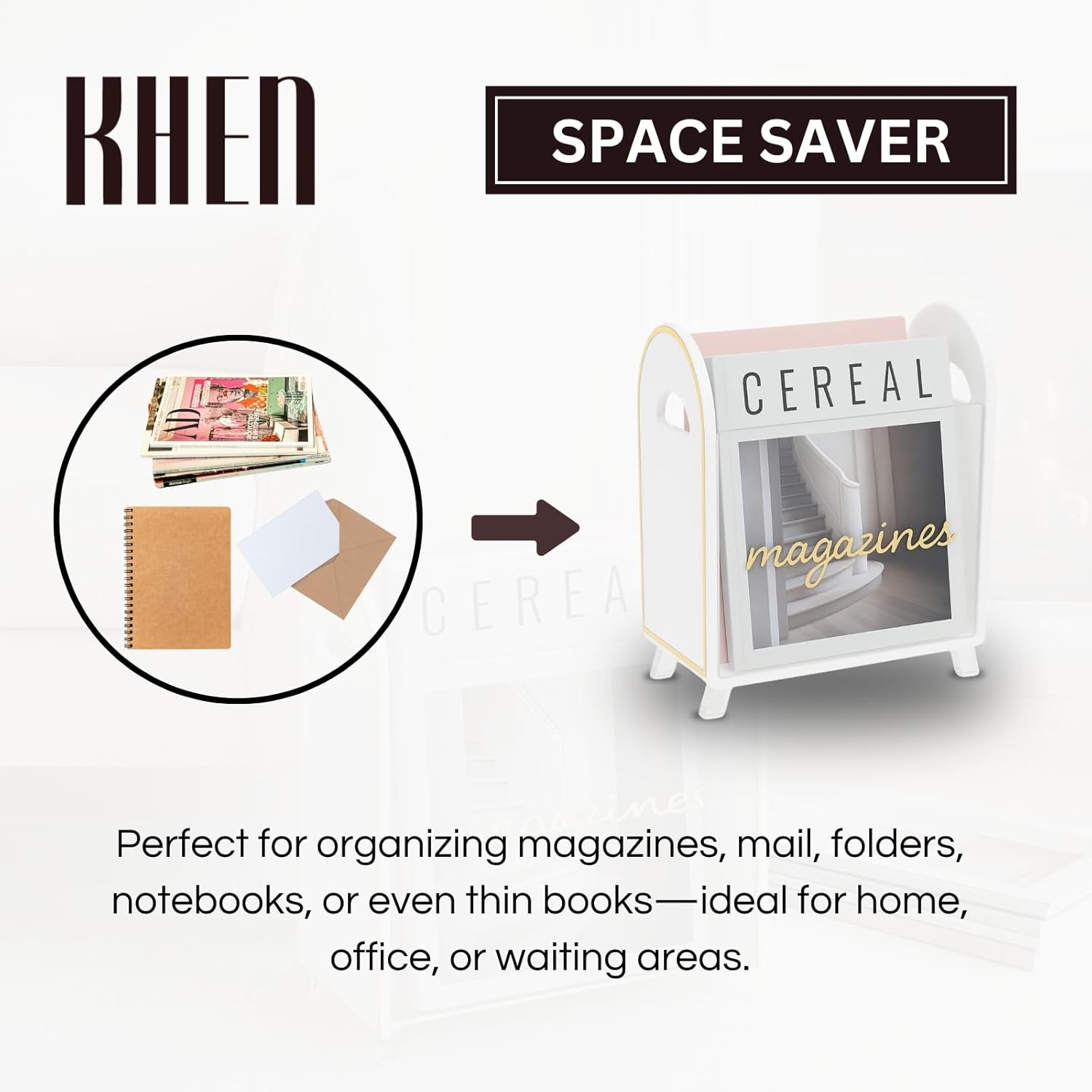 Khen Acrylic Magazine Holder with Gold Trim - 12.40" x 10" x 4.49"