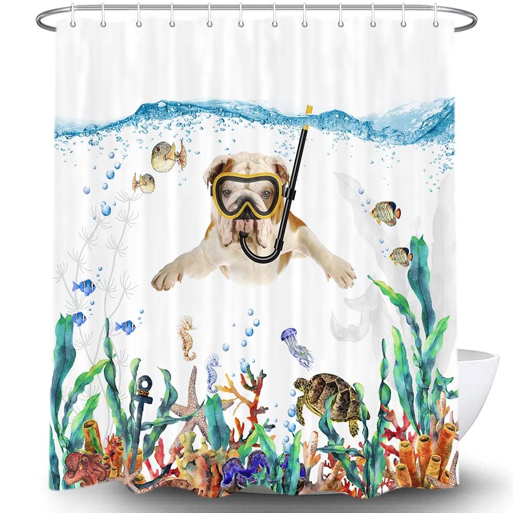 Funny Bulldog Dog Fabric Shower Curtain, Tropical Fish Coral Octopus Starfish Turtle Anchor Nautical Shower Curtain For Bathroom