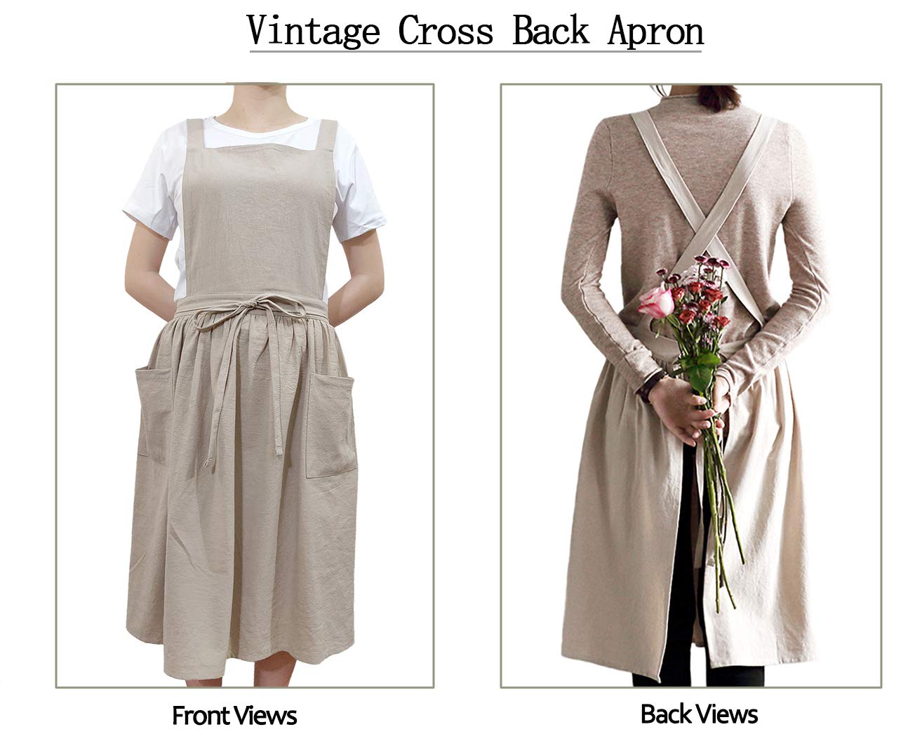 Losofar Women Girls Vintage Apron Adjustable Gardening Works Cross Back Cotton/Linen Blend Aprons Pinafore Dress With Two Pocket