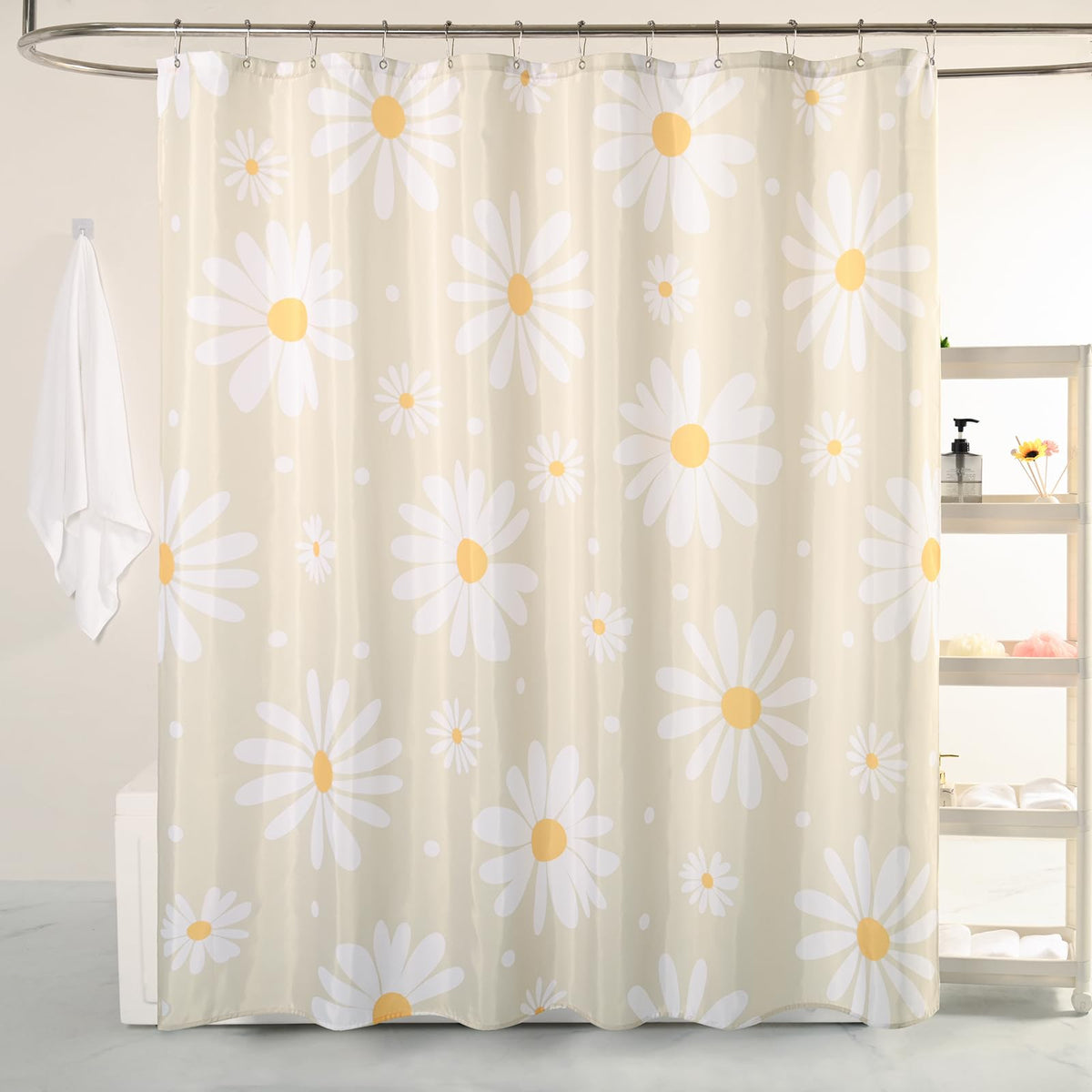 Qjhomo Beige Floral Shower Curtain Set Cute Daisy Cream Bathroom Curtain, Washable Waterproof Fabric Extra Long Shower Curtain W