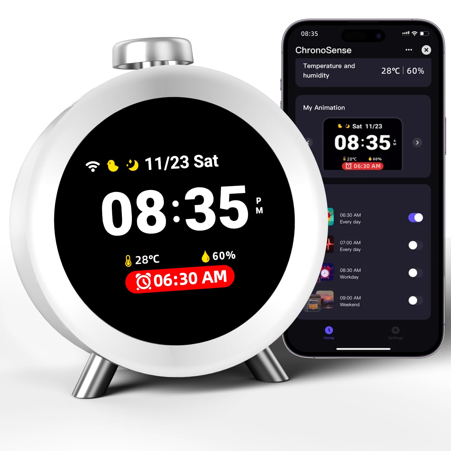Dekala ChronoSense Alarm Clock for Bedroom Temperature Humidity, 7-Day Programmable 4 Alarms, 100dB Loud Gradual Alarm Clock Hea