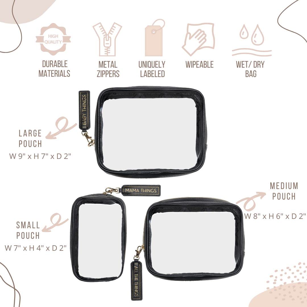 Lucky Love Diaper Bag Organizing Pouches  Set Of 3 Including Diaper Clutch  Dry Wet Bag (Black Clear Trio Pouches Wremovable Tag