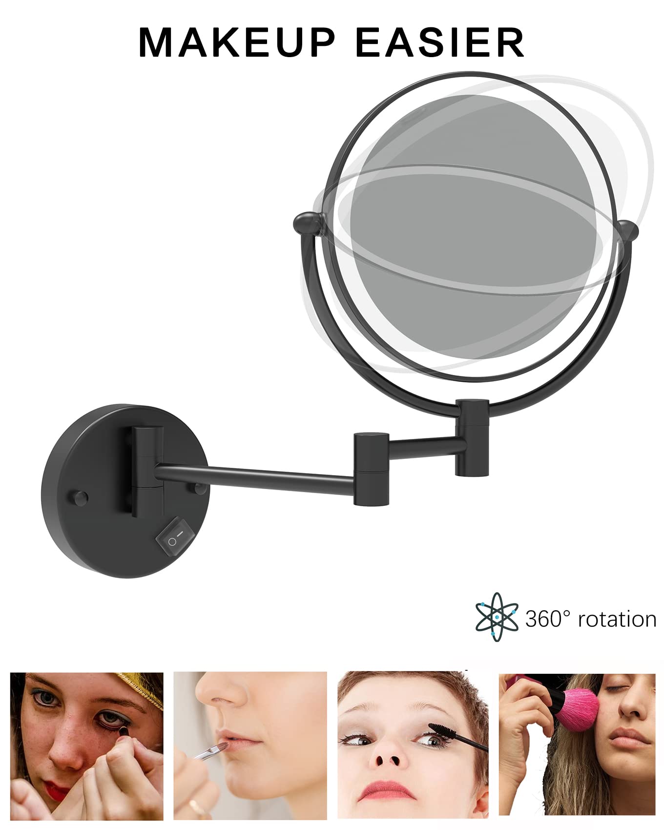 Fixsen 8 Inch Led Wall Mount Two-Sided Magnifying Makeup Vanity Mirror 12 Inch Extension Matte Black 1X/10X Magnification Plug 3