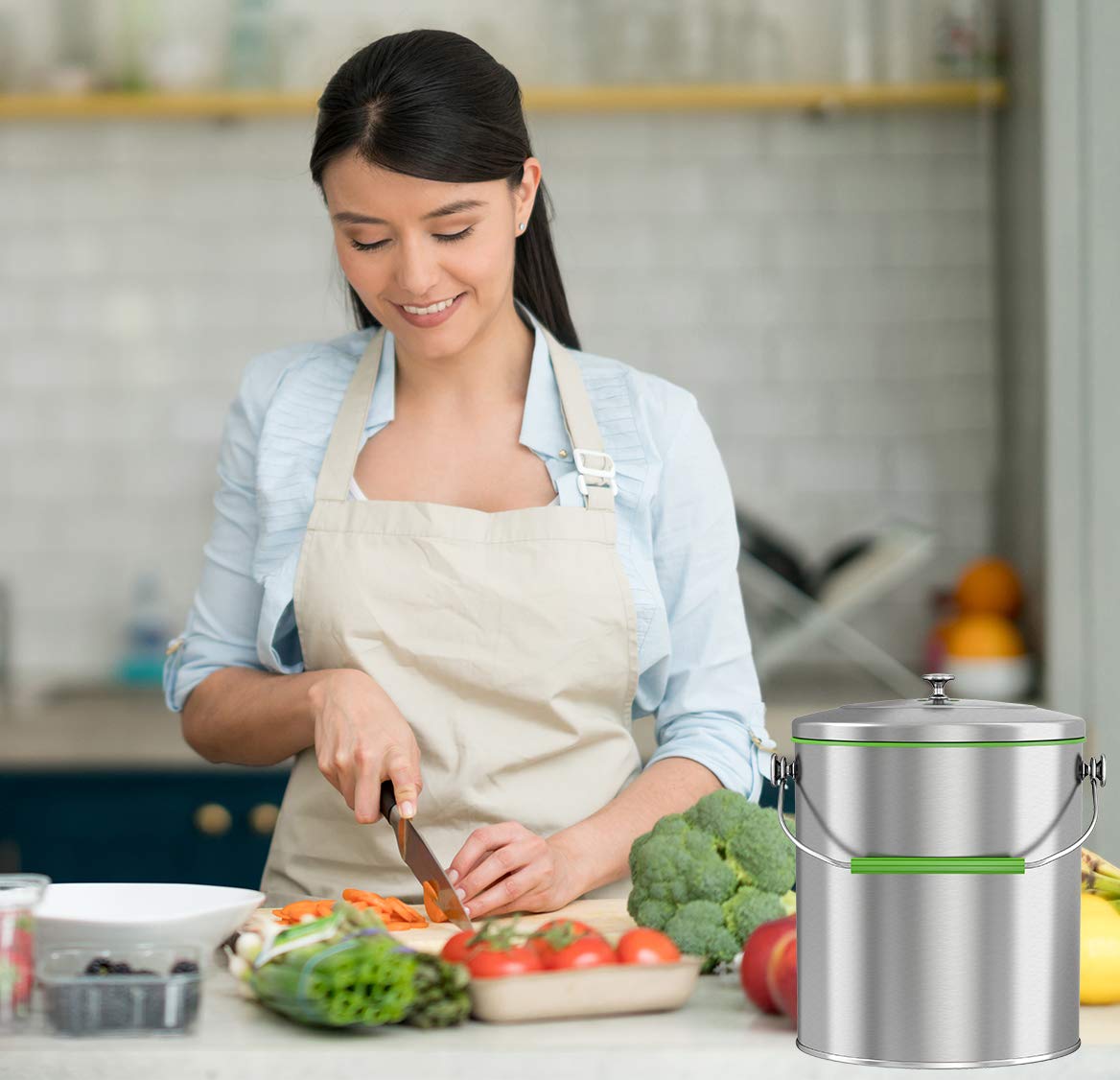 iTouchless Stainless Steel Compost Bin 1.6 Gallon Includes AbsorbX Odor Filter System  Titanium Rust-Free Space-efficient Slim Oval Shape 6 Liter Kitchen Countertop Trash Can