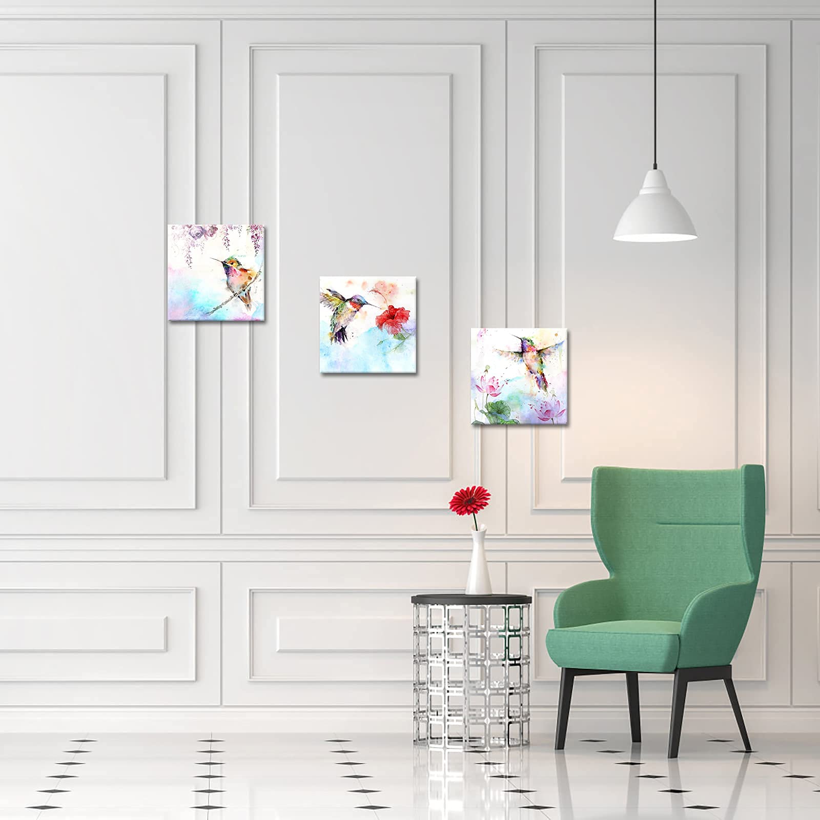 Canvbay 3Pcs Bird Canvas Wall Art Animal Picture Artwork Hummingbirds And Red Purple Flower Canvas Print Abstract Painting Vinta