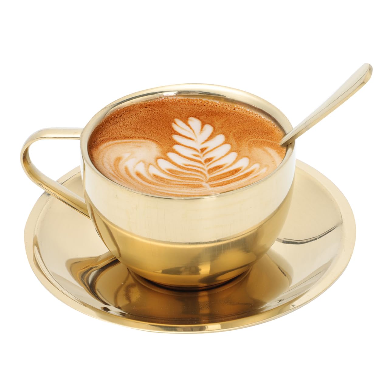 UKCOCO Gold Stainless Steel Coffee Mug Set 6 Oz Double Walled Espresso Cups with Saucer and Spoon Insulated Tea Cup Set for Home