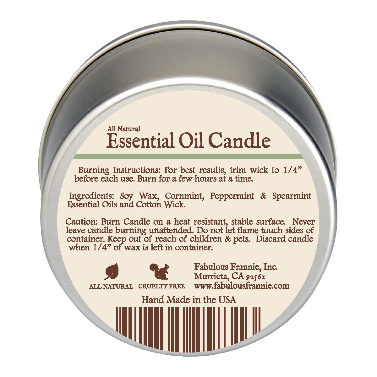 Fabulous Frannie Minty All-Natural Soy Candles Cotton Wick High Pure Essential Oil Scent 40 Hours Burn Time Gift for Women & Men