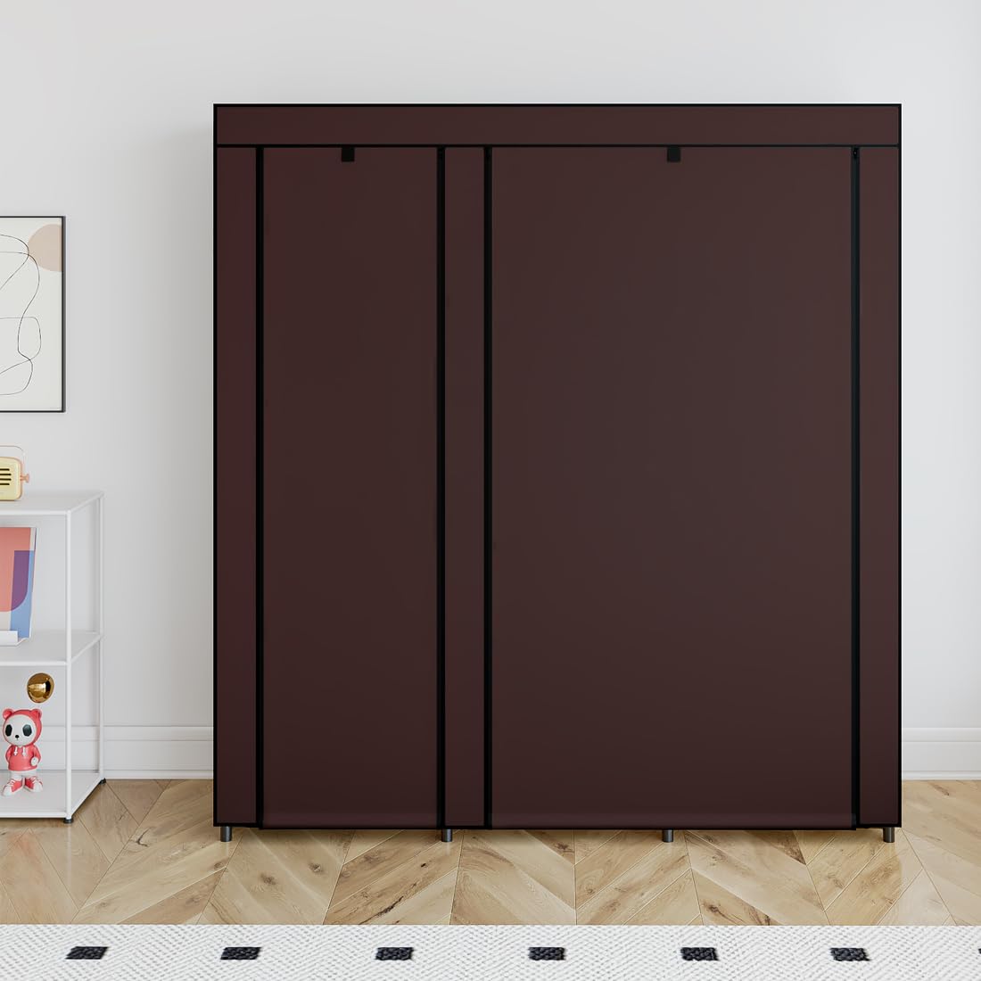 Sorcedas Portable Closet Wardrobe Storage Organizer Metal Hanging Rack Non-Woven Fabric 50 Inch (Coffee)