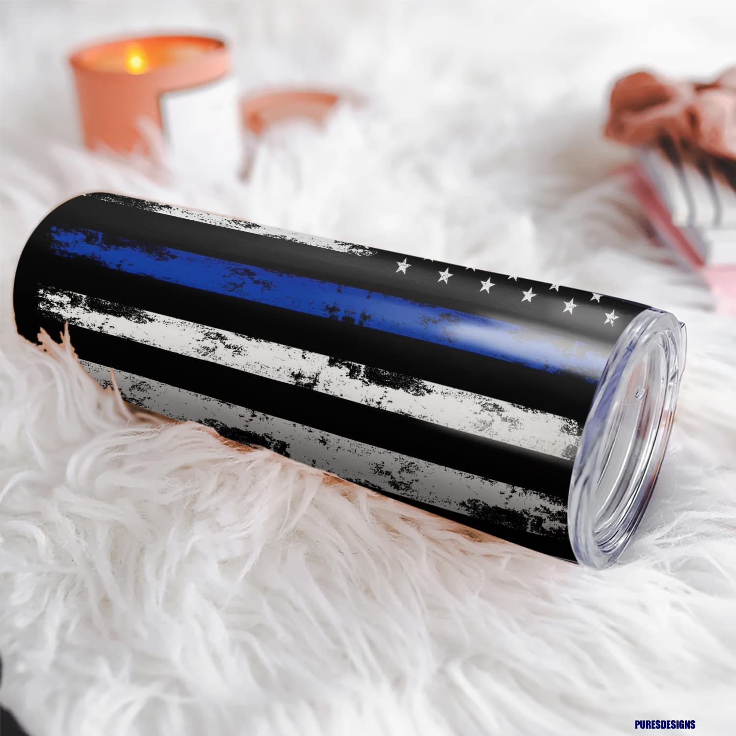 Pure'S Designs Thin Blue Line Police Tumbler-20Oz Travel Mug With Lid For Coffee Cup/Cold Drinks,Graduation,Cops Officer,Law Enf