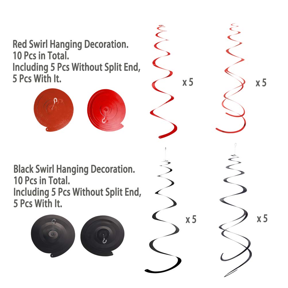 Mowo Black And Red Foil Swirl Hanging Decoration For Birthday Graduation Wedding New Year Halloween Party Supplies,Pack Of 20