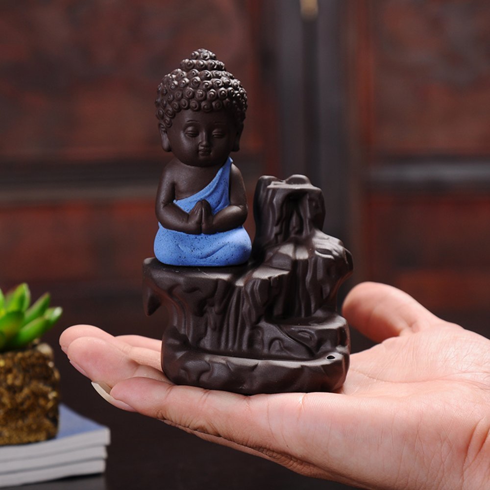 eCraftIndia Meditating Monk Buddha Smoke Backflow Cone Decorative Incense Holder (7 cm x 7 cm x 12, Blue)
