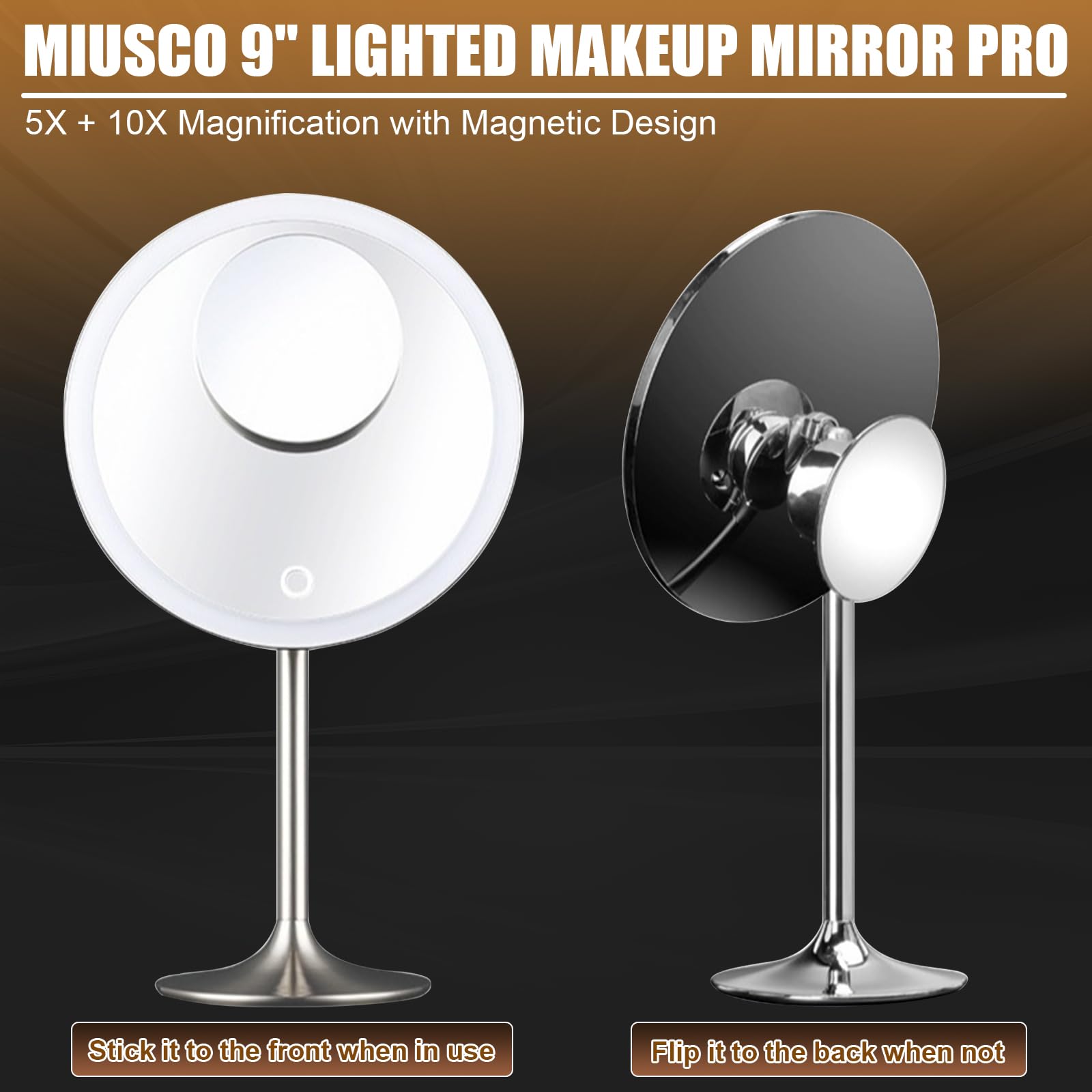 Miusco Makeup Mirror 9 Vanity Mirror With Lights, 5X & 10X Magnification - Front/Back Magnetic Design, Rechargeable & Cordless,