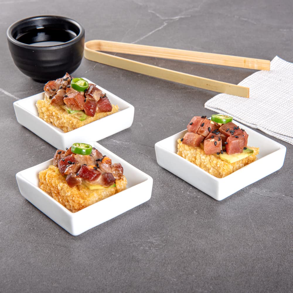 Restaurantware 2.5 Inch Mini Dishes  10 Oven-Safe Square Sauce Dishes - Microwave-Safe  Serve Appetizers  Desserts  or Condiments  White Porcelain Tasting Plates  For Samples or Individual Portions
