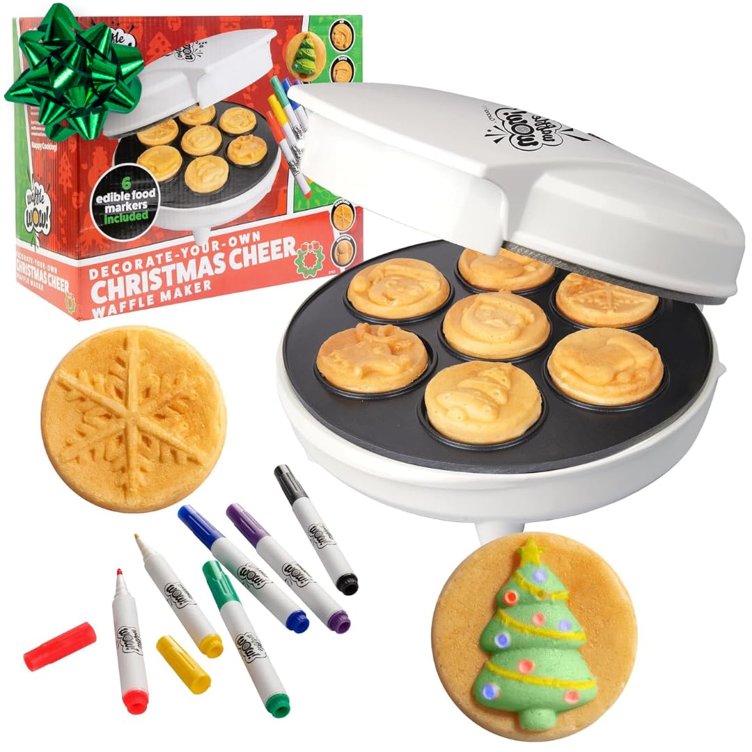 Christmas Holiday Waffle Maker W 6 Edible Food Markers- Make X-Mas Breakfast Fun W Delicious Decorated Pancakes Or Waffles- Elec