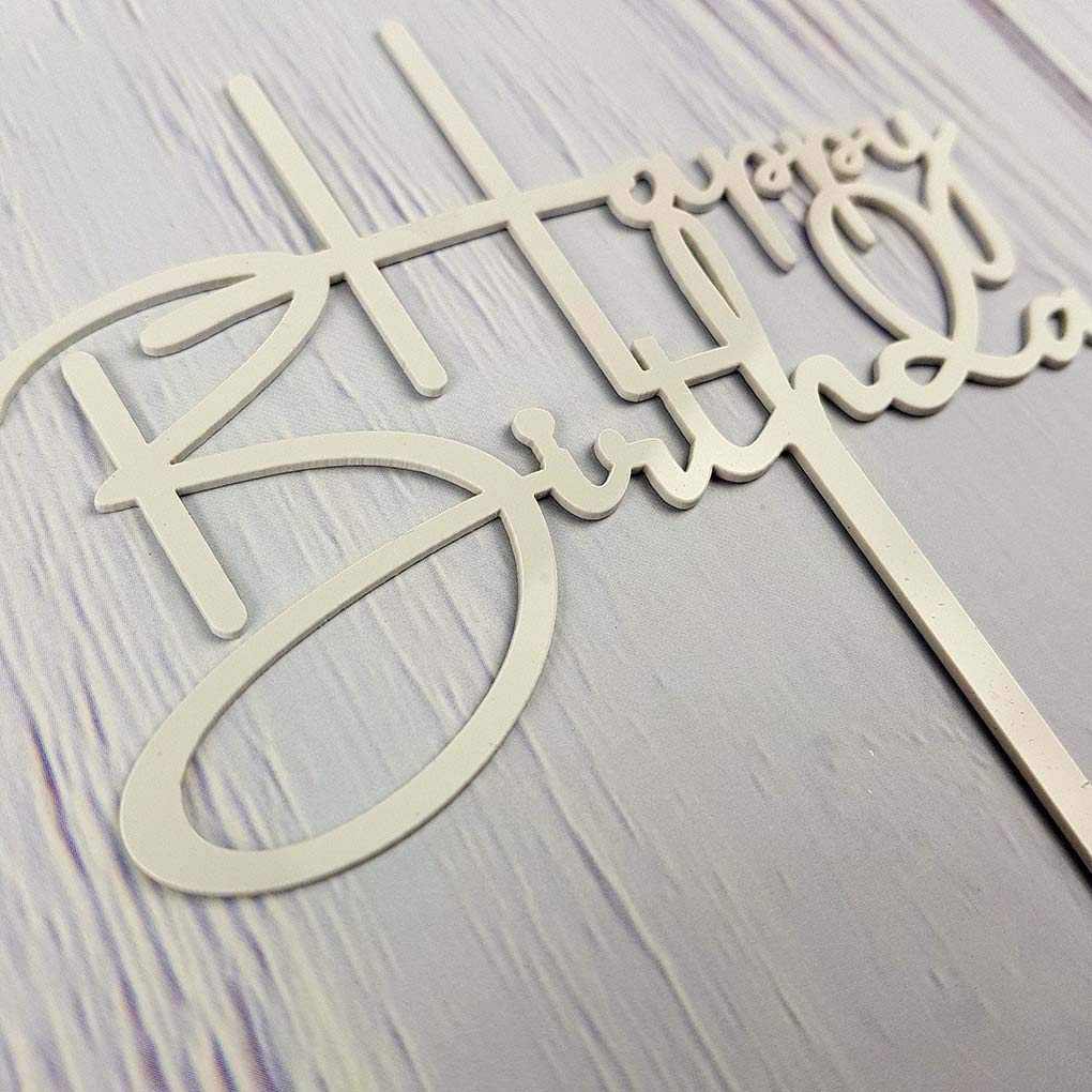 Happy Birthday Cake Topper For Birthday Party Decorations, Off-White Acrylic